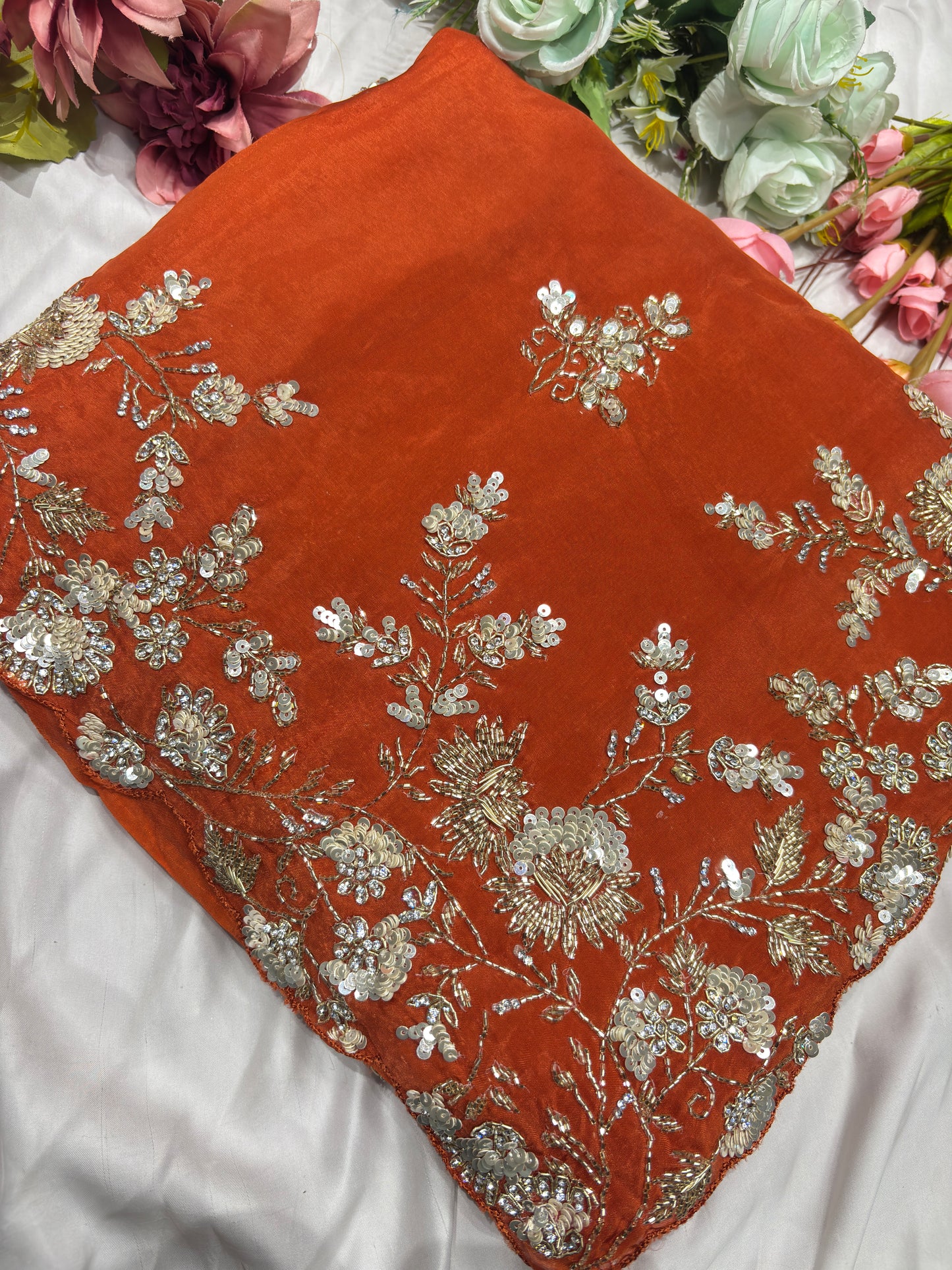 Orange Silk Handwork Saree Premium Floral Sequins Designer Saree