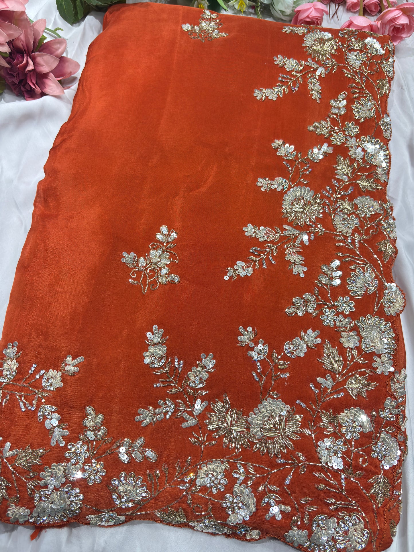 Orange Silk Handwork Saree Premium Floral Sequins Designer Saree