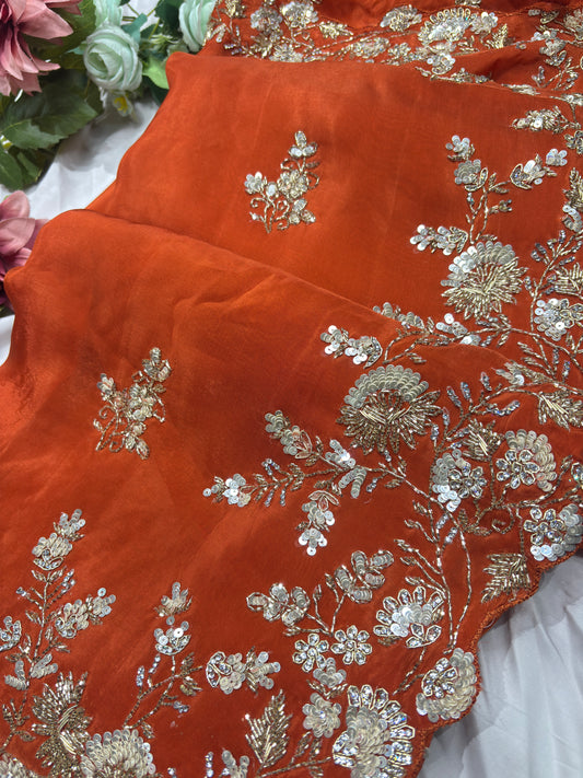 Orange Silk Handwork Saree Premium Floral Sequins Designer Saree