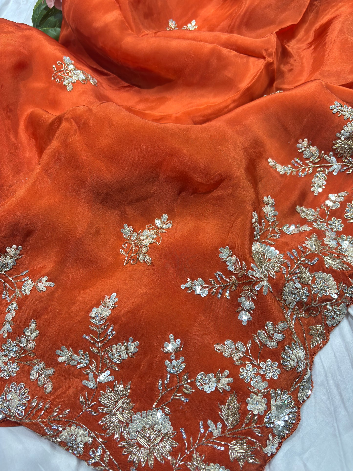 Orange Silk Handwork Saree Premium Floral Sequins Designer Saree