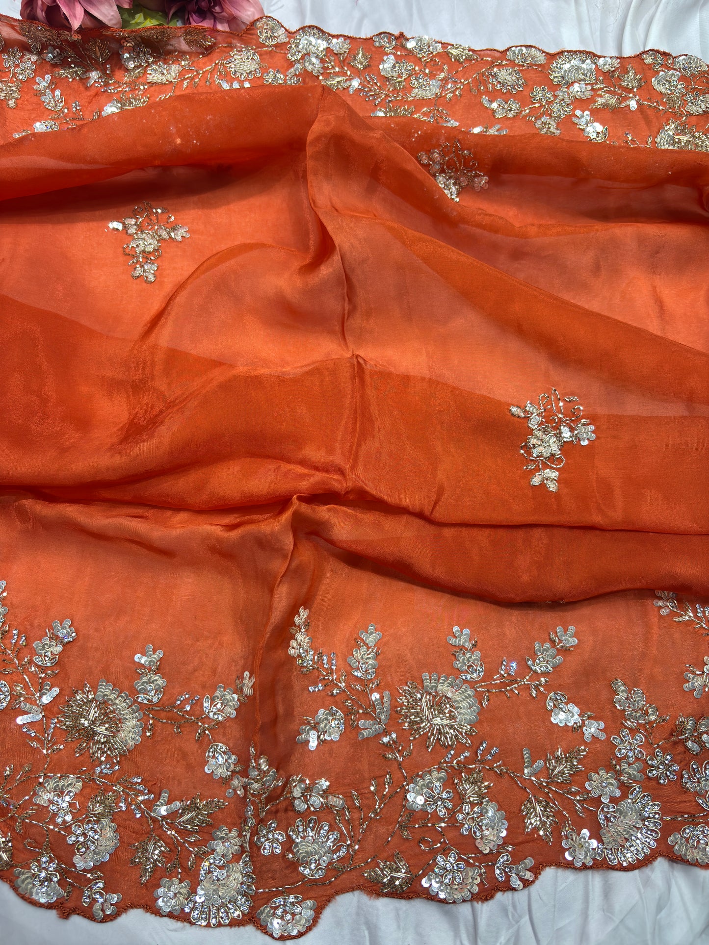Orange Silk Handwork Saree Premium Floral Sequins Designer Saree