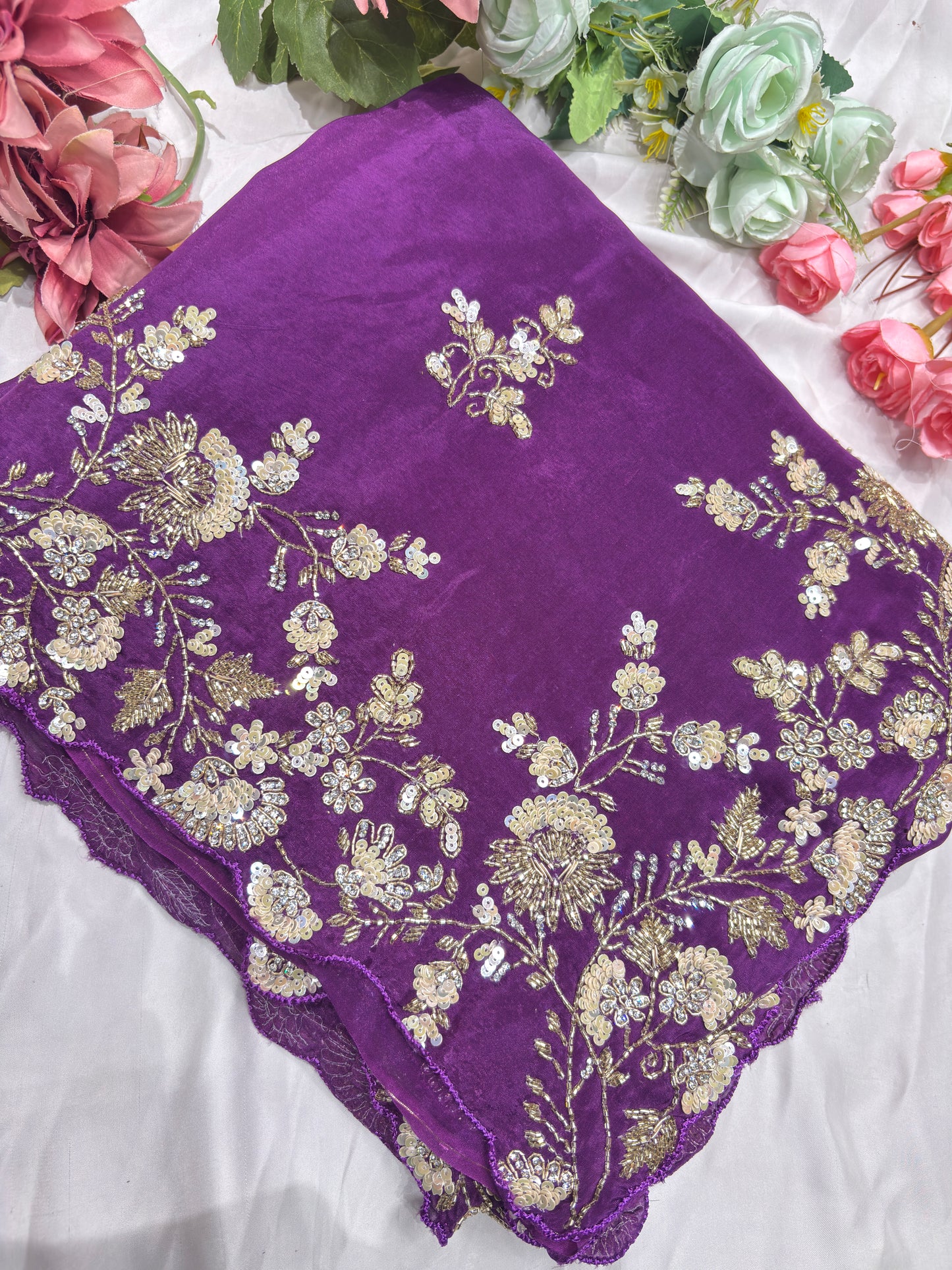 Purple Silk Handwork Saree Premium Floral Sequins Designer Saree