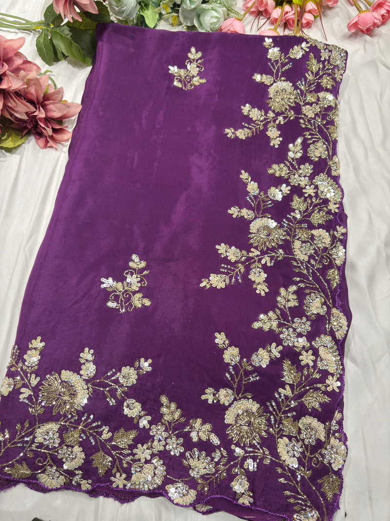 Purple Silk Handwork Saree Premium Floral Sequins Designer Saree
