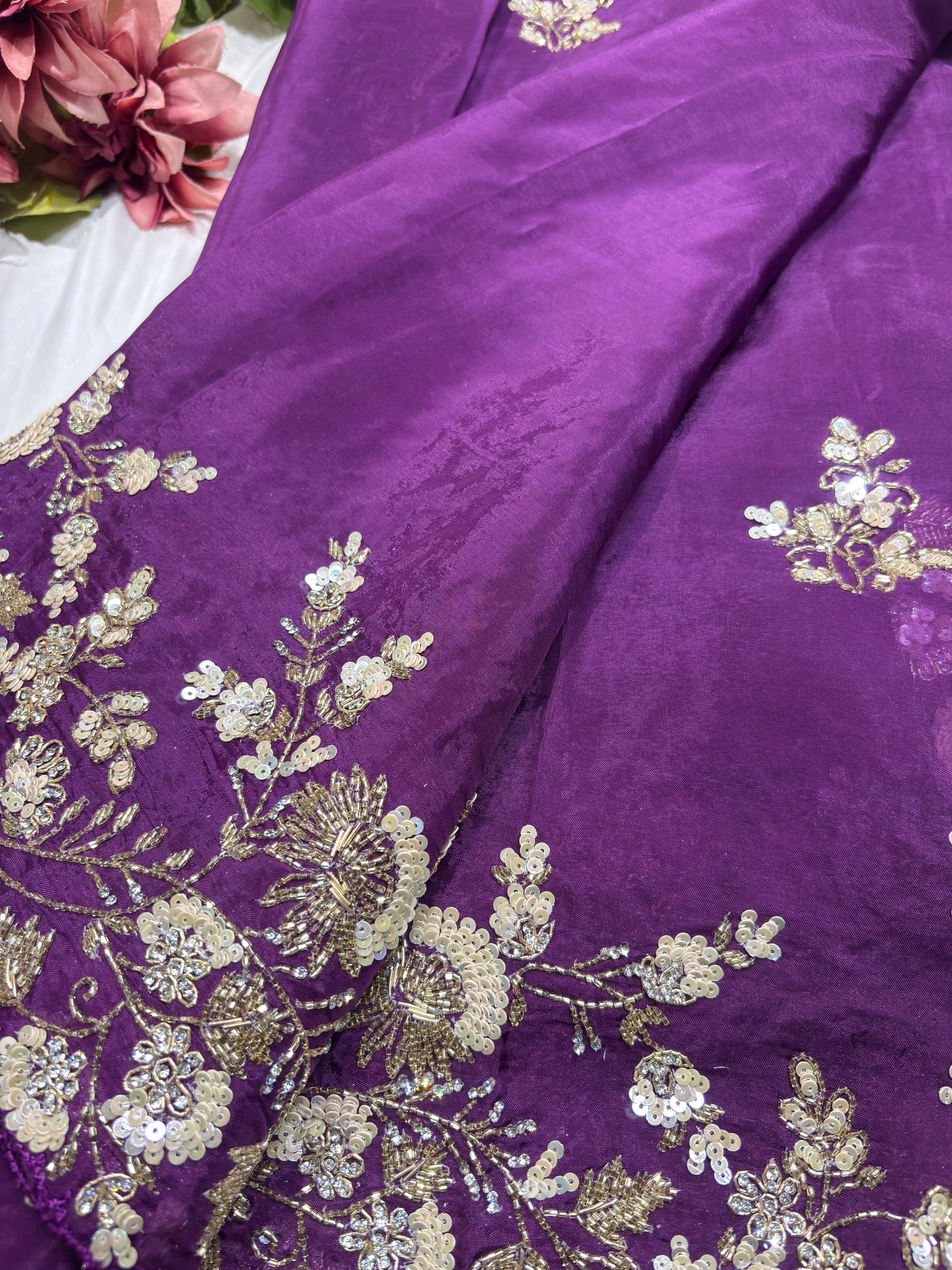 Purple Silk Handwork Saree Premium Floral Sequins Designer Saree