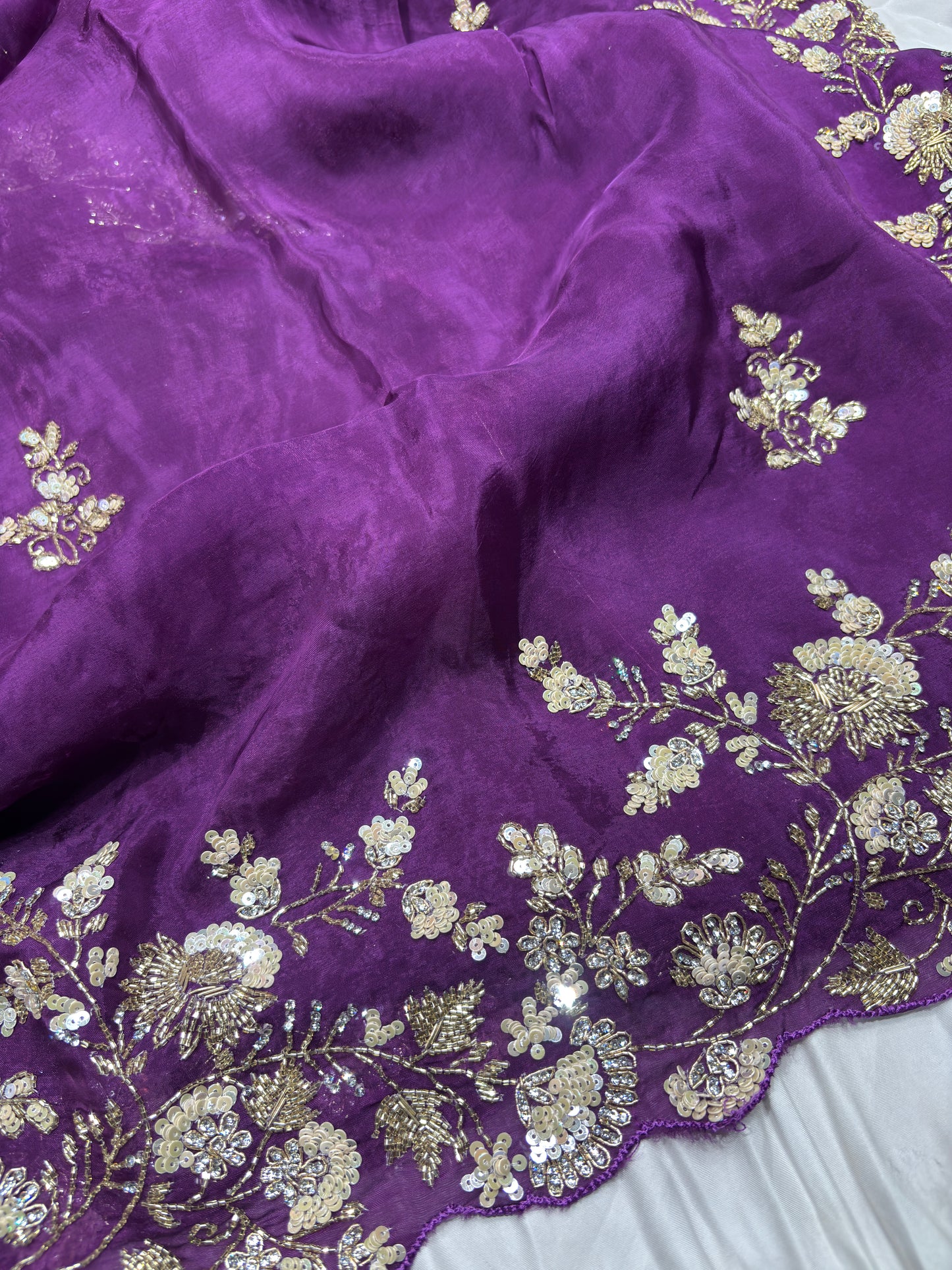 Purple Silk Handwork Saree Premium Floral Sequins Designer Saree