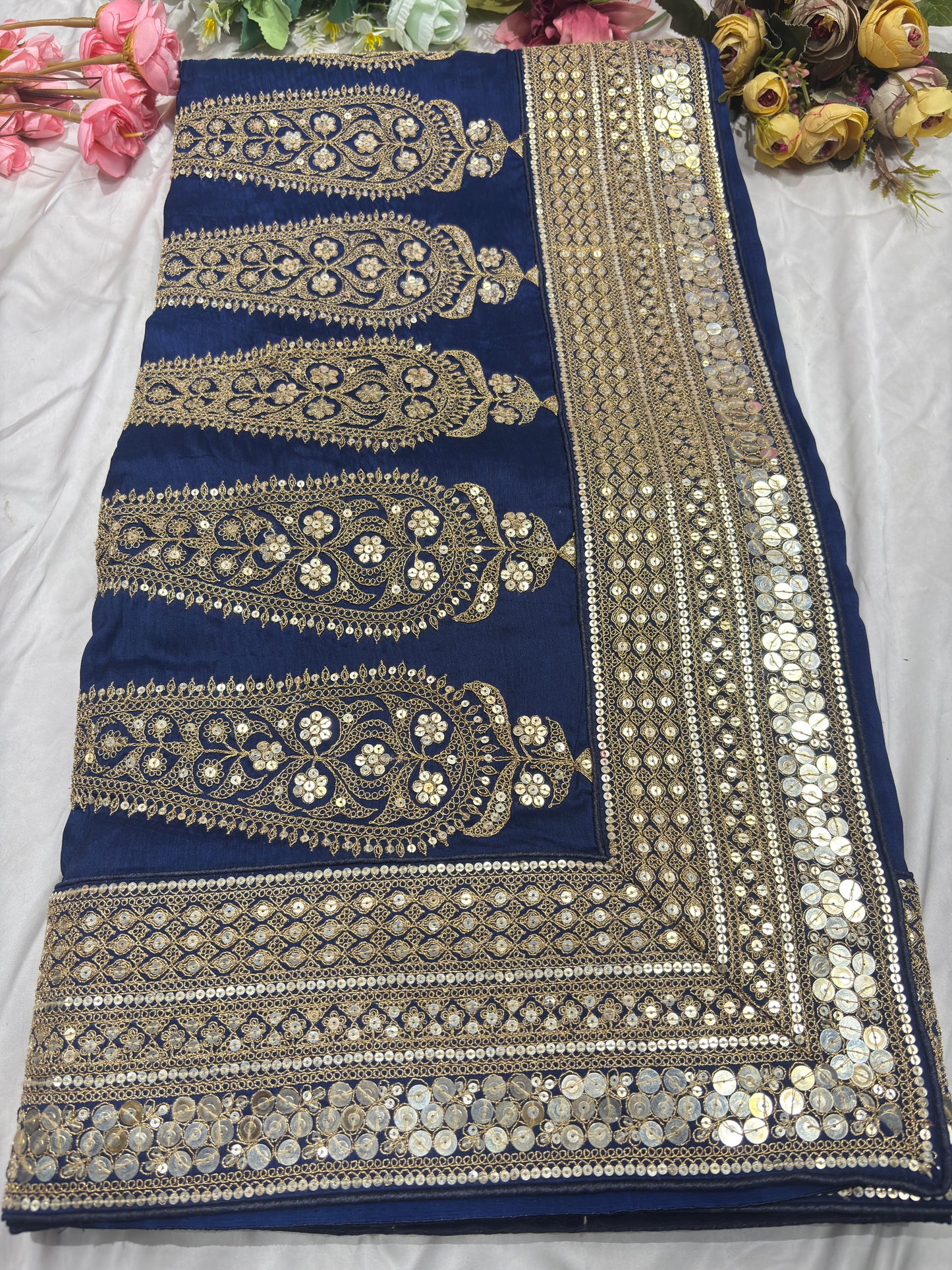 Silk Blue Sequins Work Designer Saree with Heavy Embroidered Border