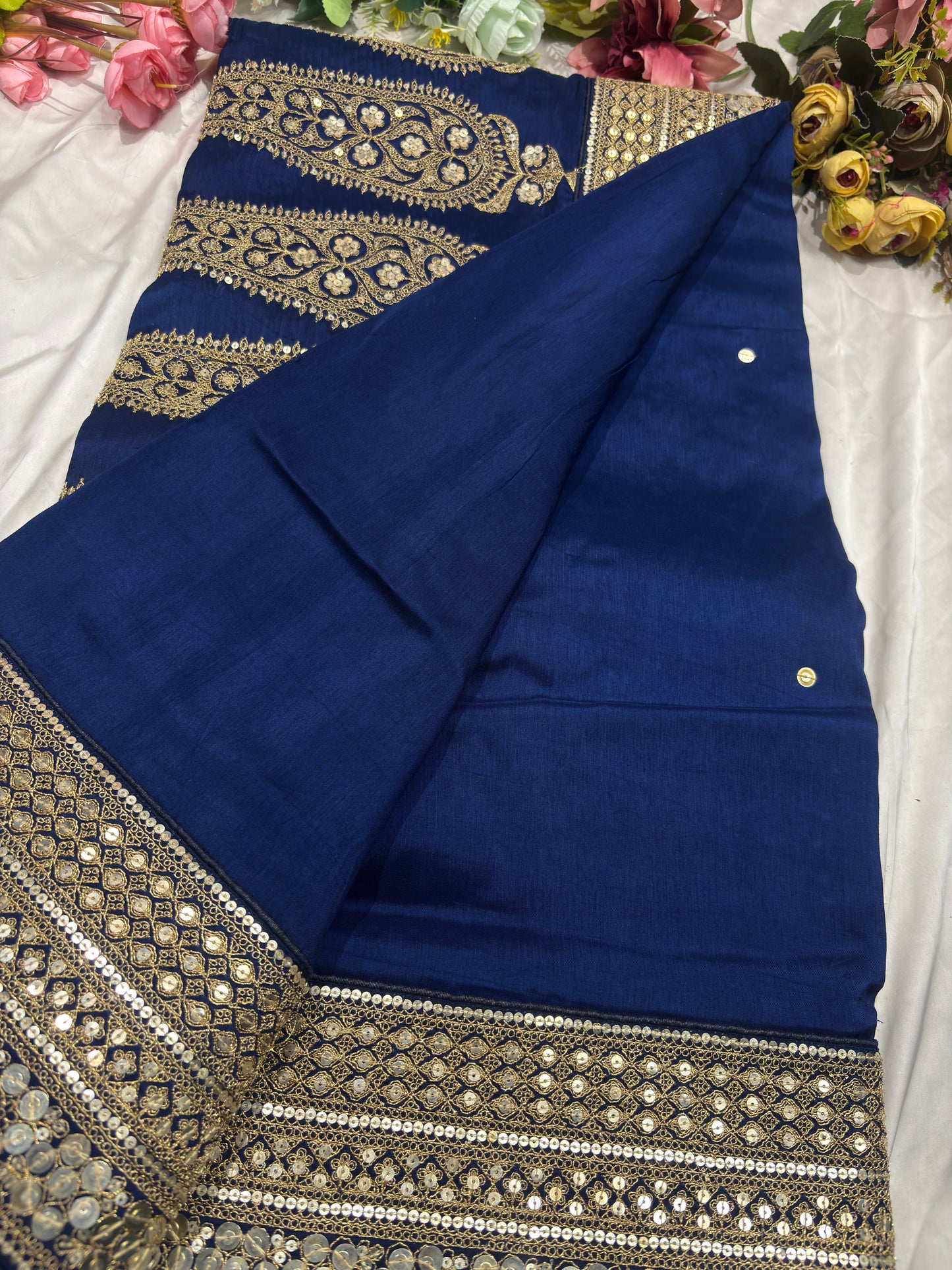Silk Blue Sequins Work Designer Saree with Heavy Embroidered Border