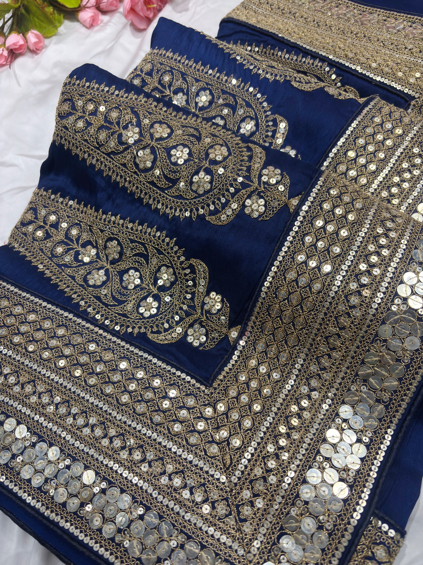 Silk Blue Sequins Work Designer Saree with Heavy Embroidered Border