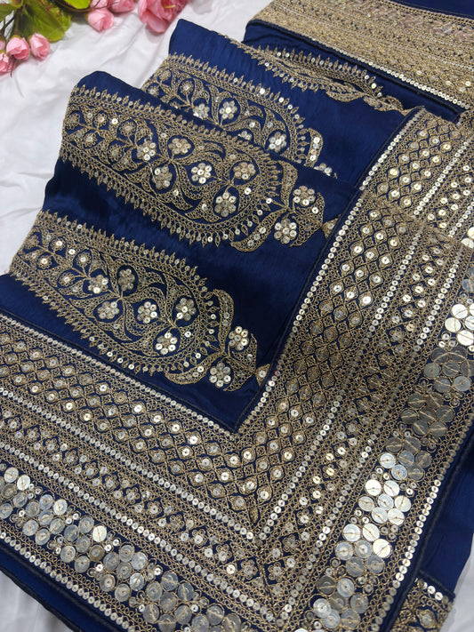 Silk Blue Sequins Work Designer Saree with Heavy Embroidered Border