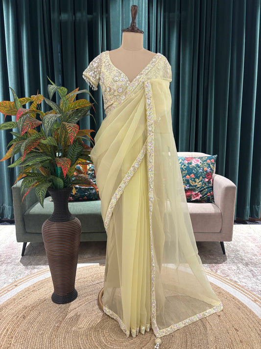 Pastel Lemon Embroidered Saree with Designer Blouse