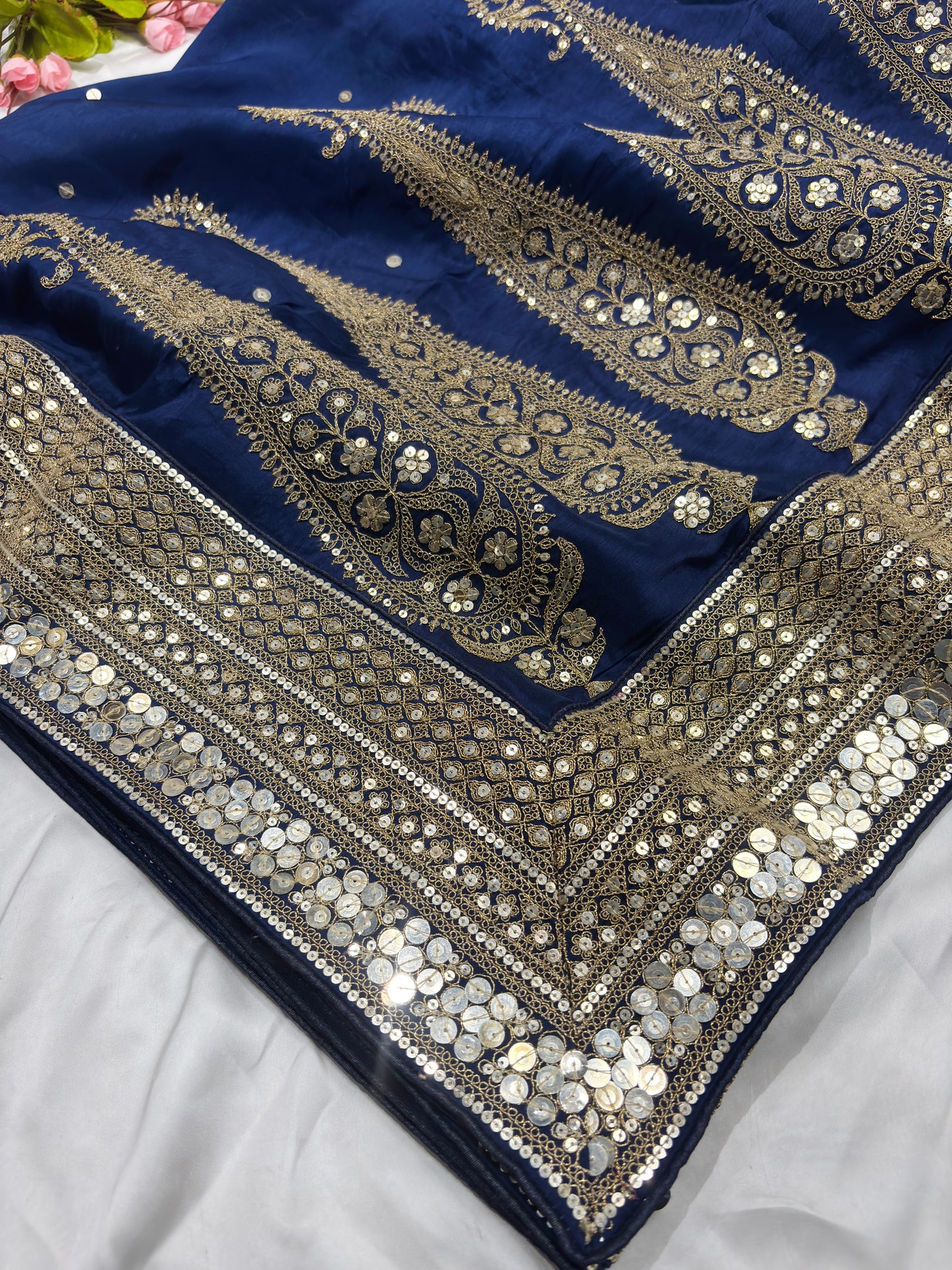Silk Blue Sequins Work Designer Saree with Heavy Embroidered Border