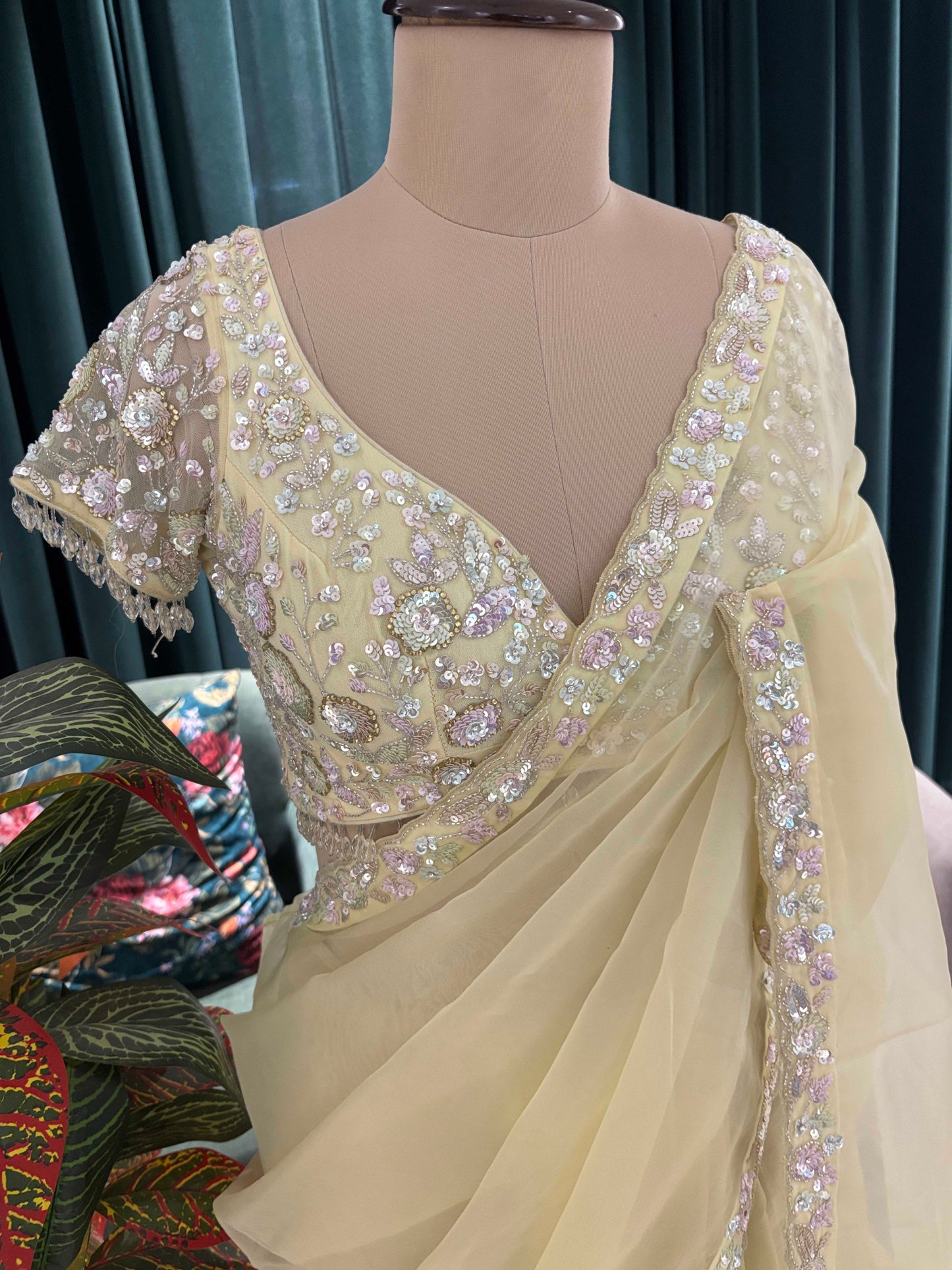 Pastel Lemon Embroidered Saree with Designer Blouse