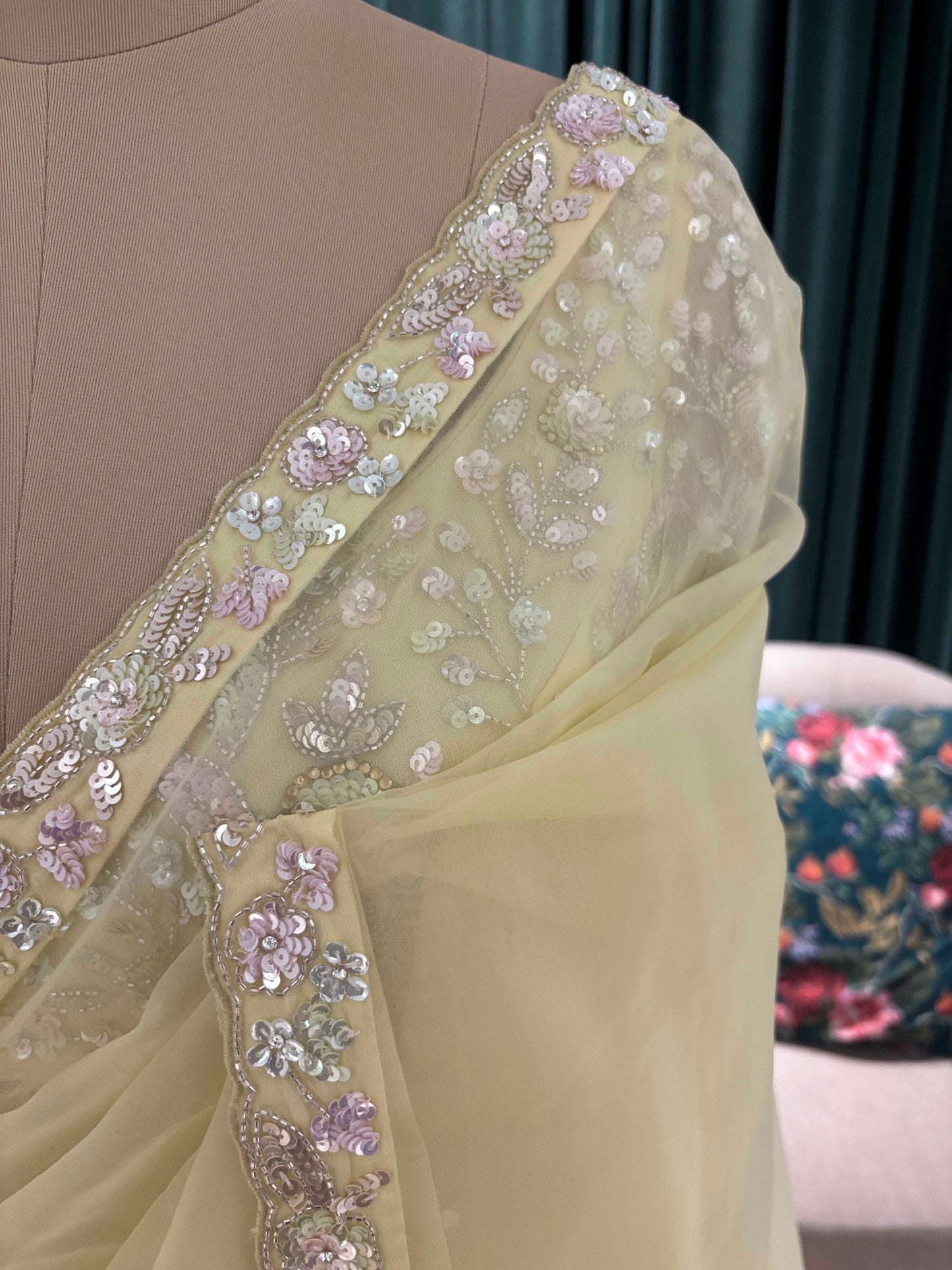 Pastel Lemon Embroidered Saree with Designer Blouse