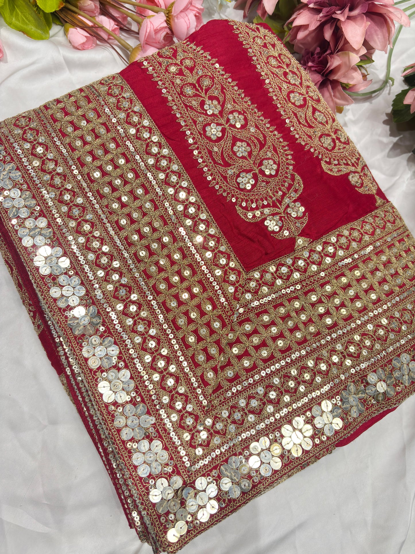 Silk Red Sequins Work Designer Saree with Heavy Embroidered Border