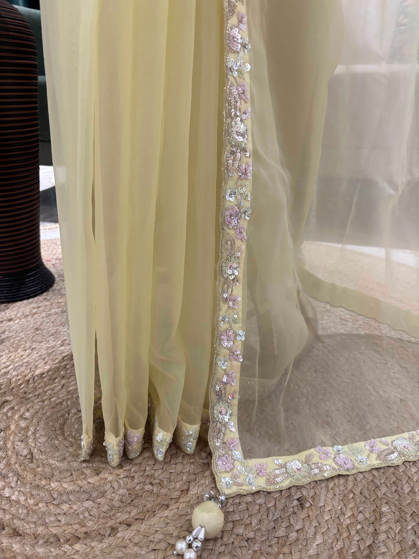 Pastel Lemon Embroidered Saree with Designer Blouse