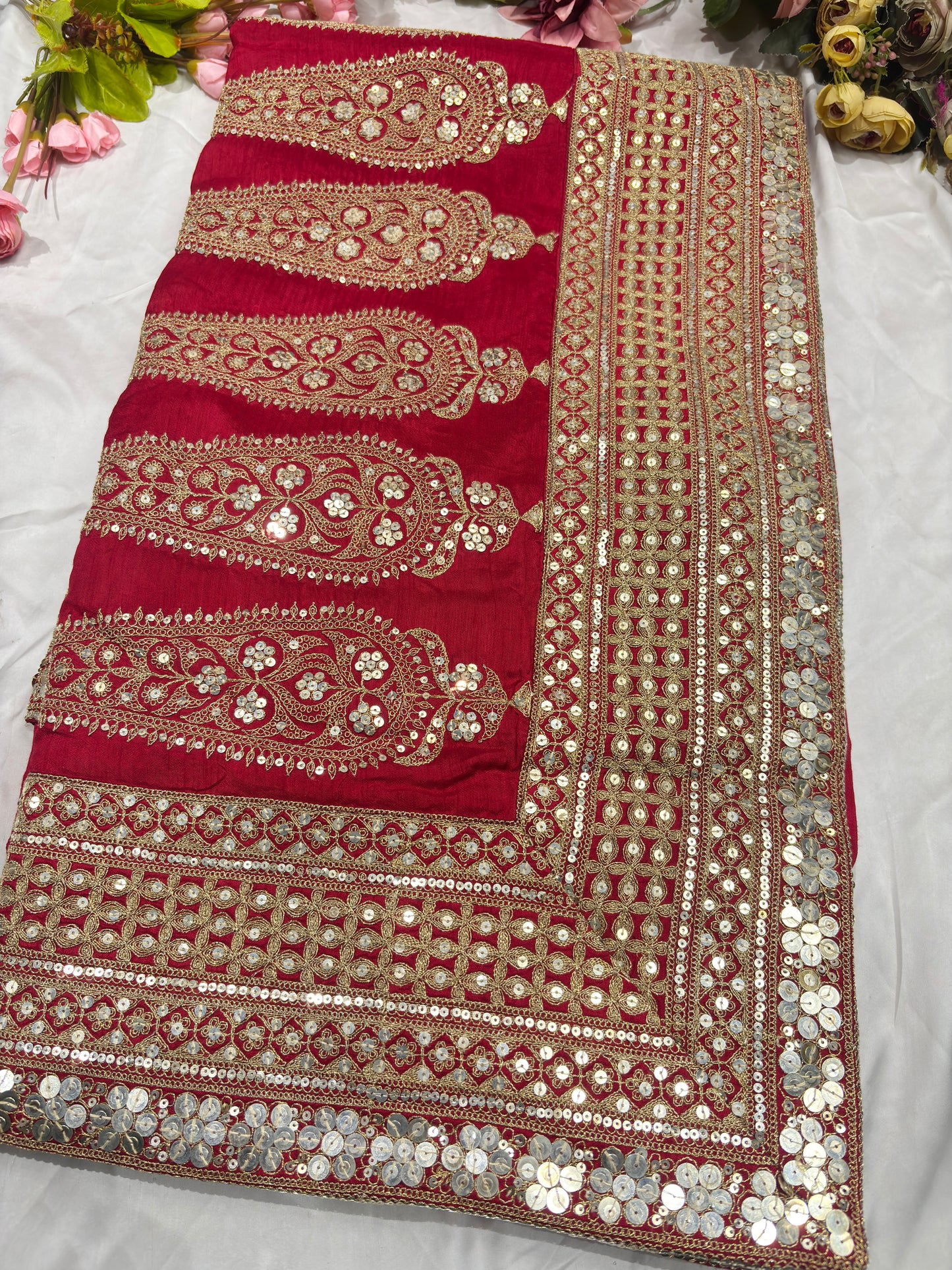 Silk Red Sequins Work Designer Saree with Heavy Embroidered Border