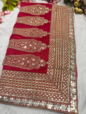 Silk Red Sequins Work Designer Saree with Heavy Embroidered Border