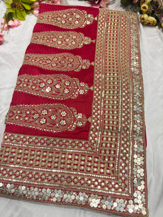 Silk Red Sequins Work Designer Saree with Heavy Embroidered Border