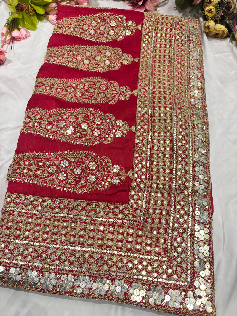 Silk Red Sequins Work Designer Saree with Heavy Embroidered Border