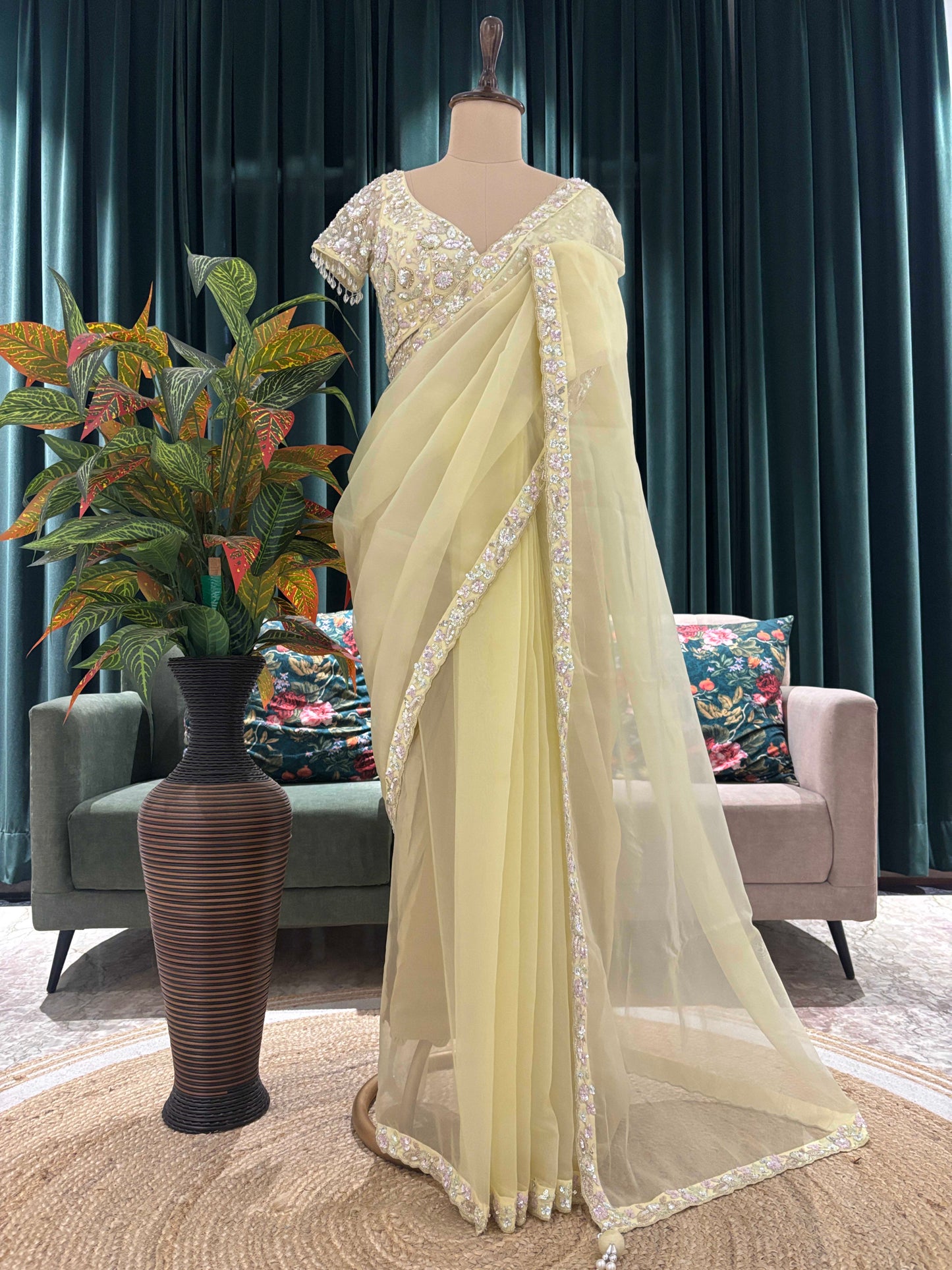 Pastel Lemon Embroidered Saree with Designer Blouse