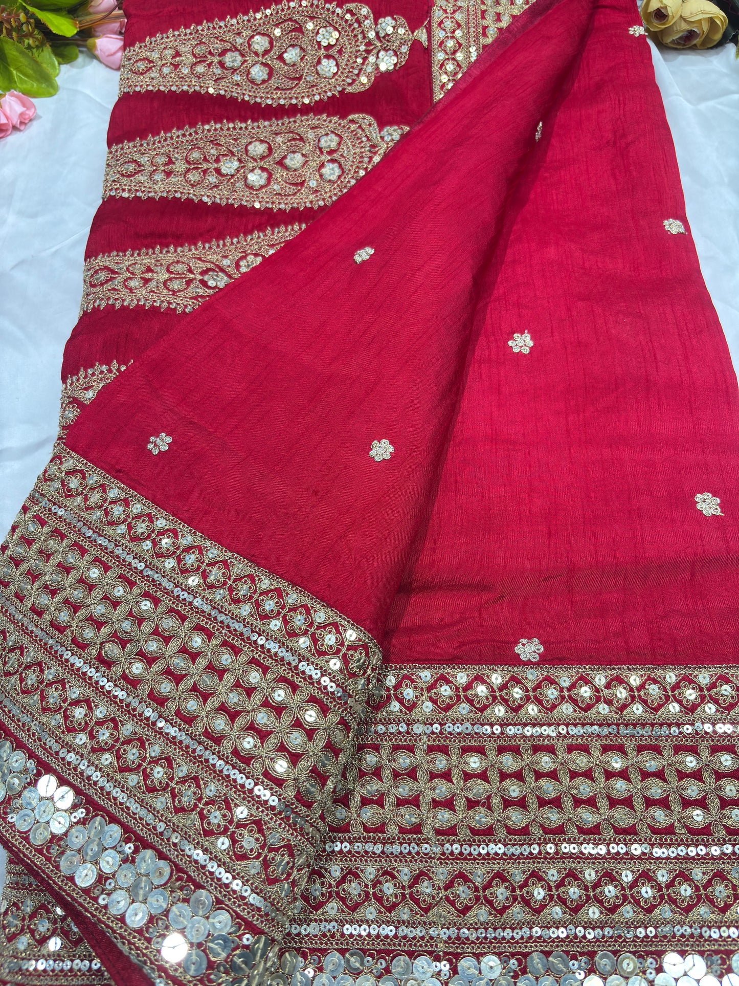 Silk Red Sequins Work Designer Saree with Heavy Embroidered Border
