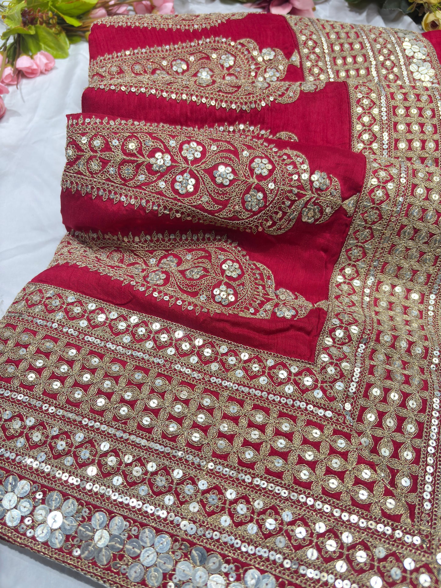 Silk Red Sequins Work Designer Saree with Heavy Embroidered Border