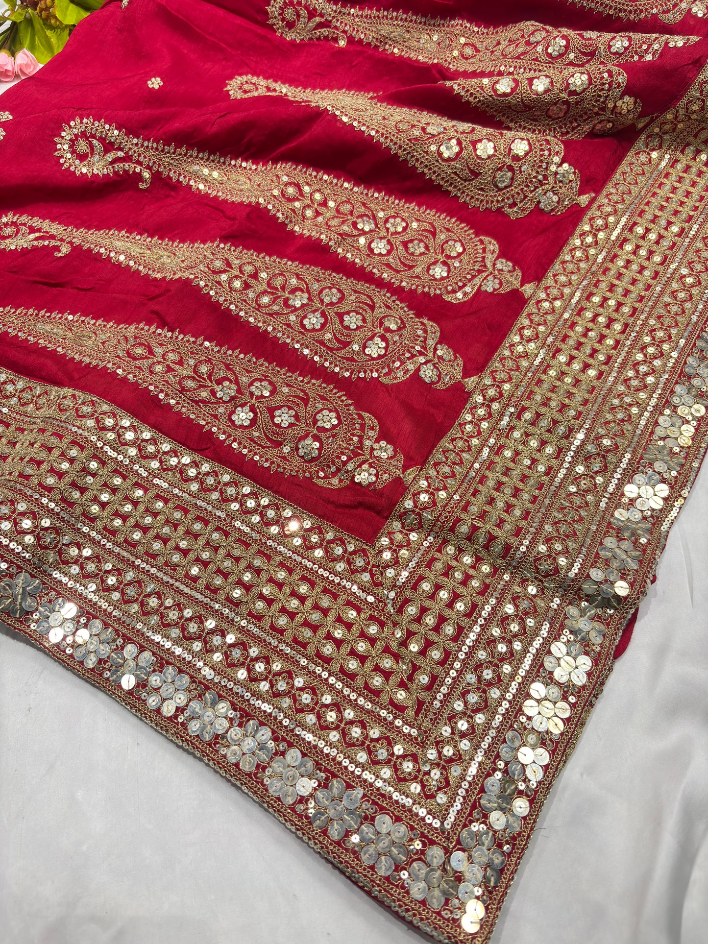 Silk Red Sequins Work Designer Saree with Heavy Embroidered Border