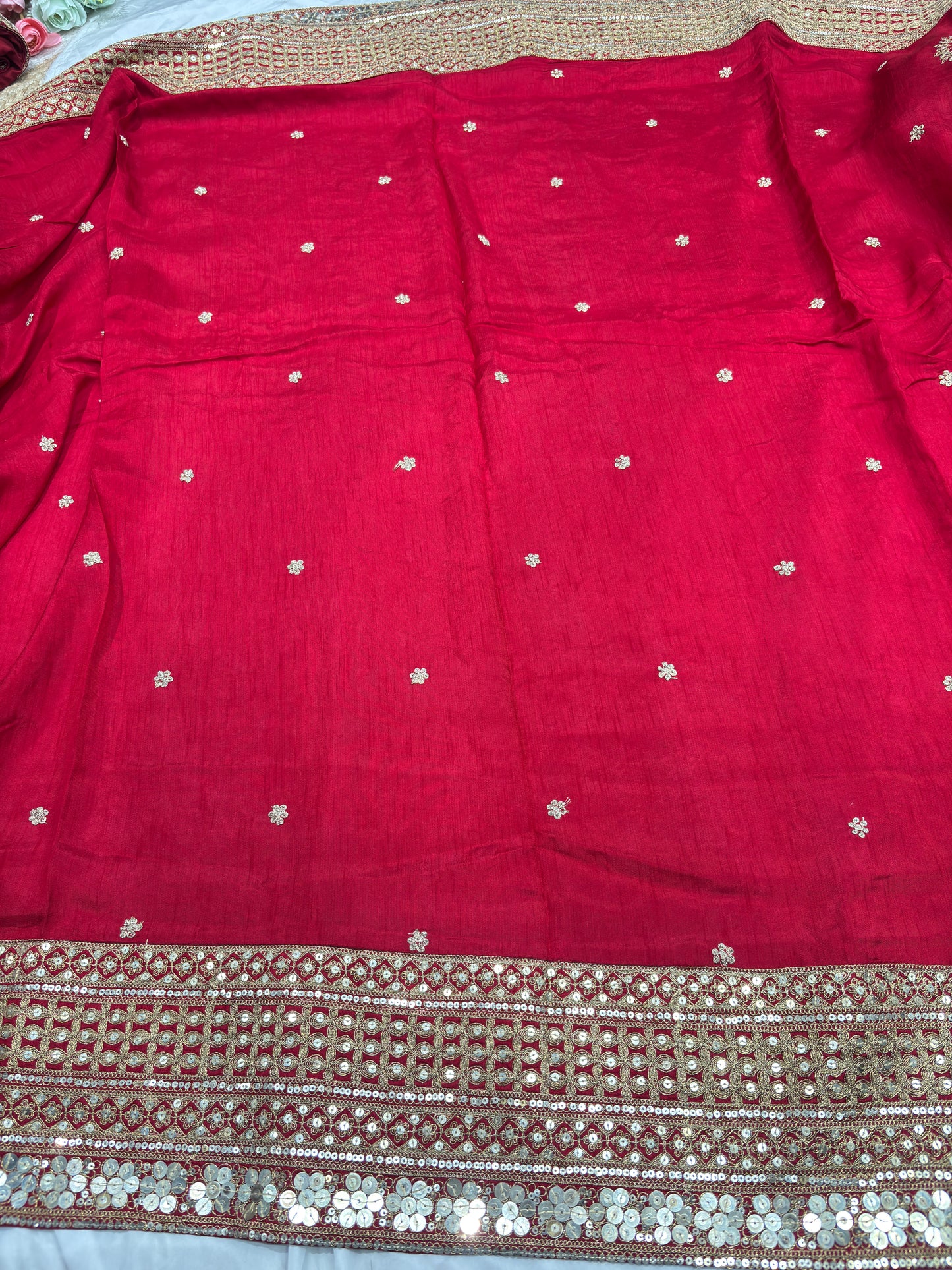 Silk Red Sequins Work Designer Saree with Heavy Embroidered Border