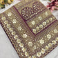 Silk Wine Heavy Sequins Work Designer Saree with Golden Embroidery