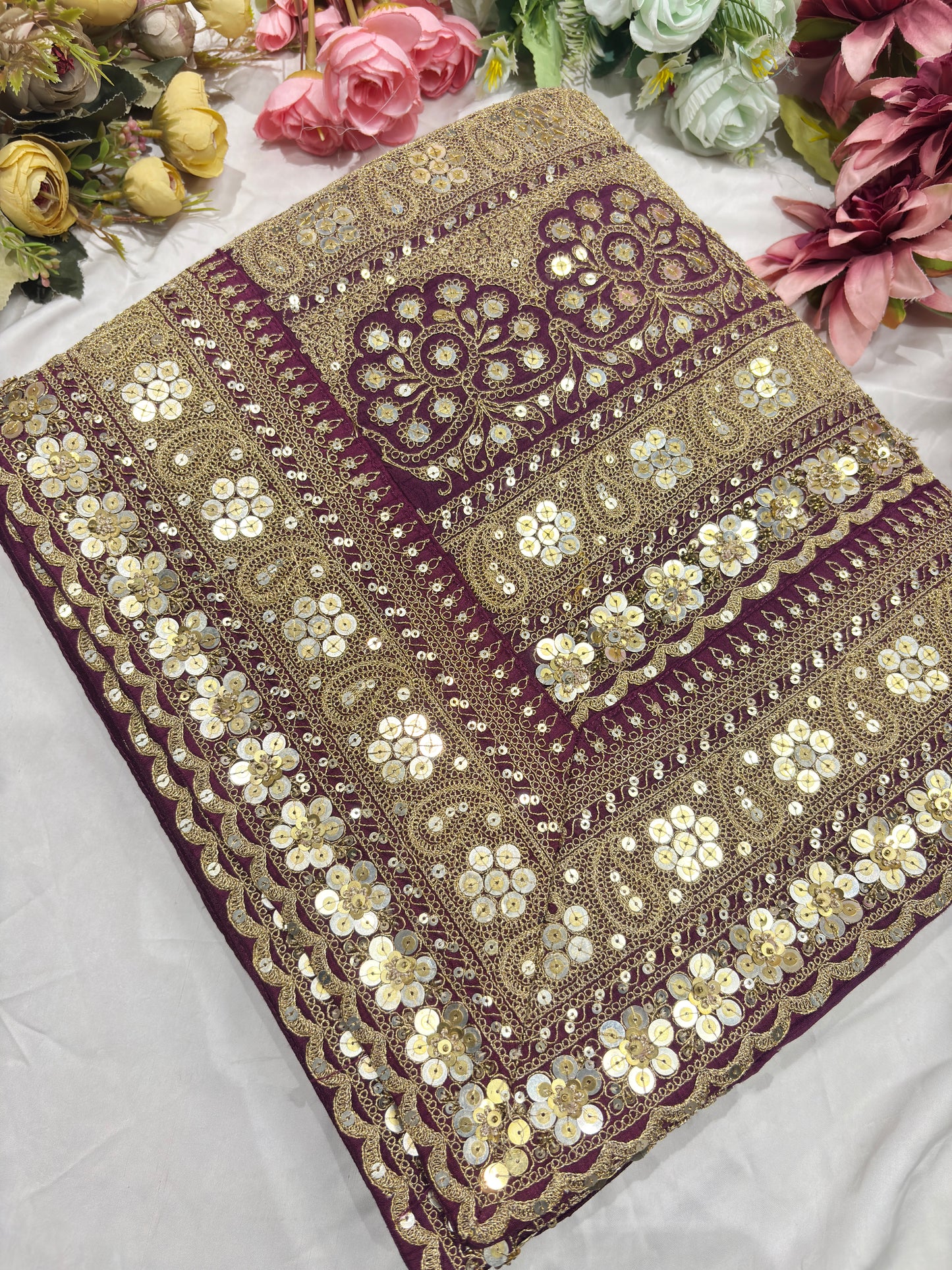 Silk Wine Heavy Sequins Work Designer Saree with Golden Embroidery