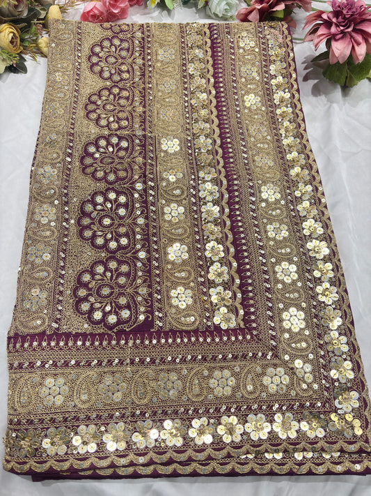 Silk Wine Heavy Sequins Work Designer Saree with Golden Embroidery