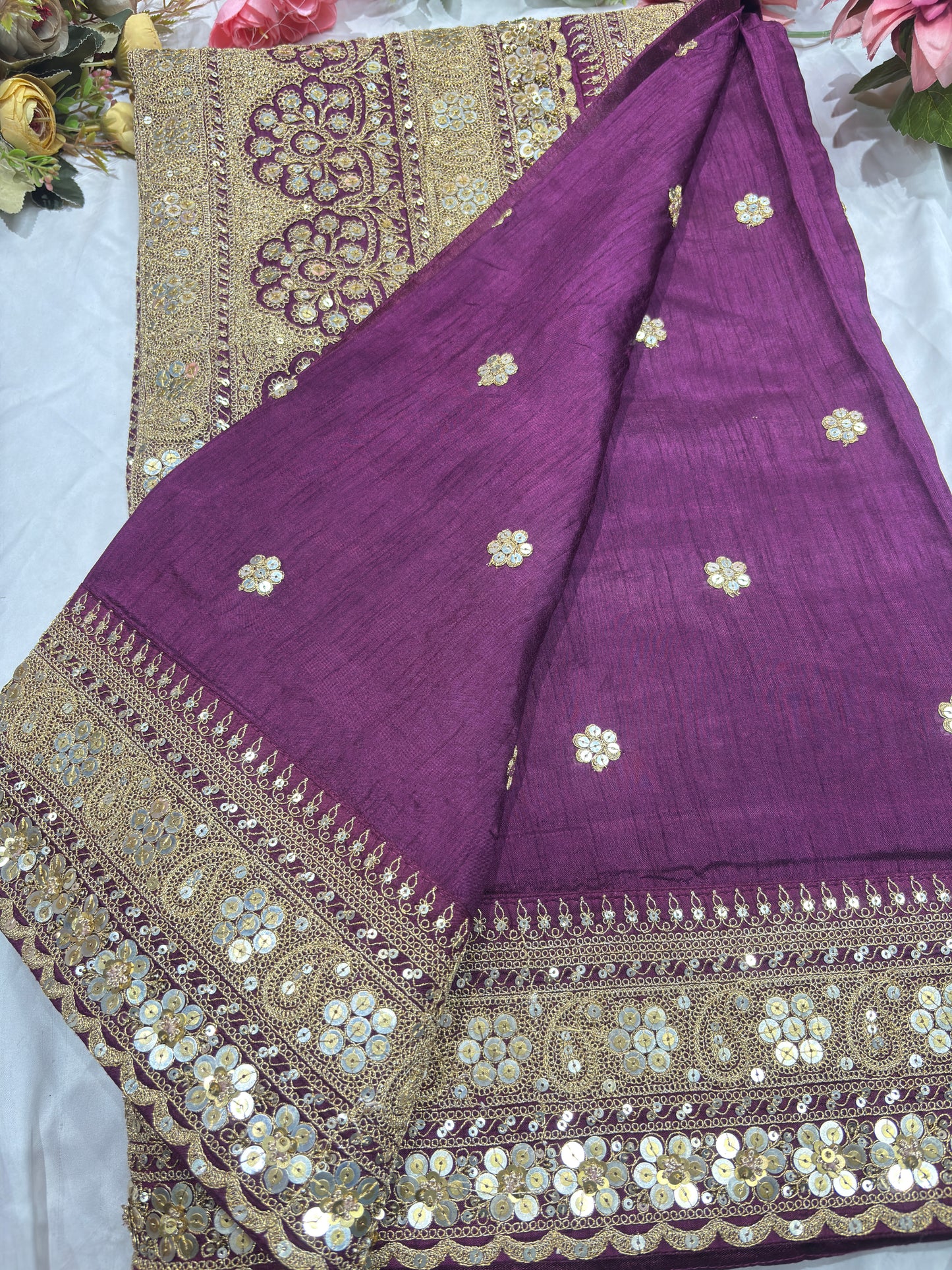 Silk Wine Heavy Sequins Work Designer Saree with Golden Embroidery