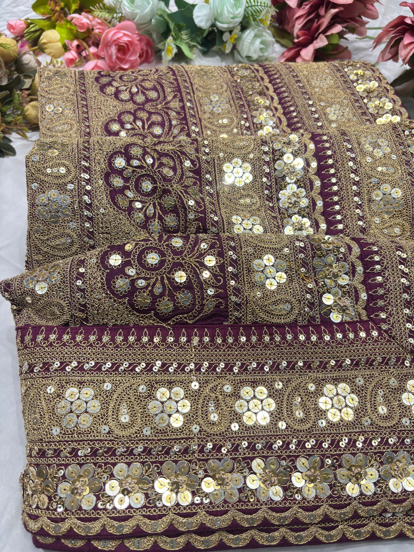 Silk Wine Heavy Sequins Work Designer Saree with Golden Embroidery