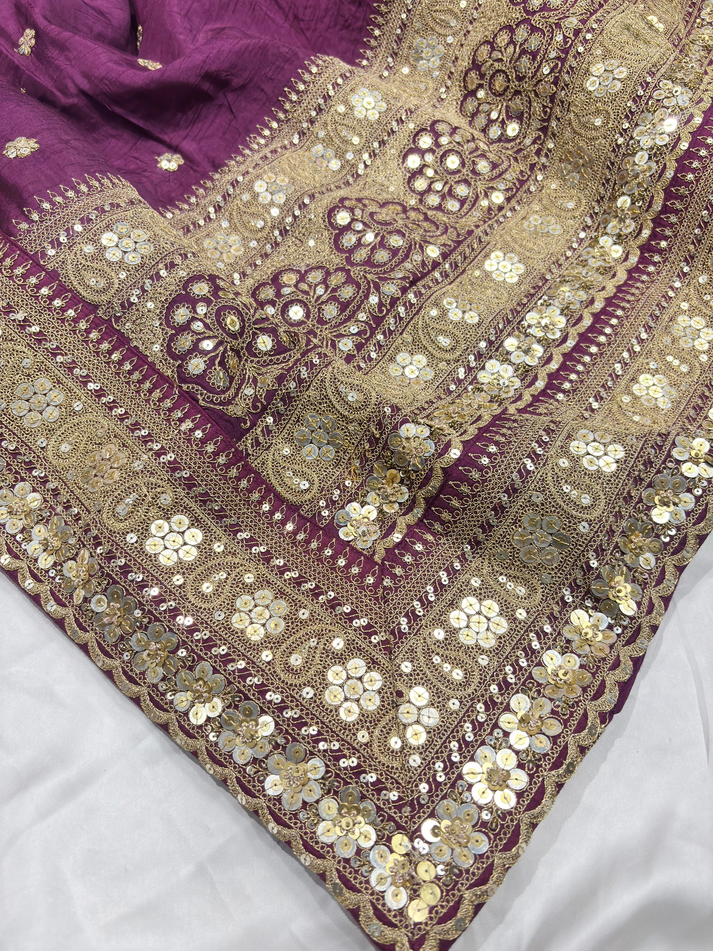 Silk Wine Heavy Sequins Work Designer Saree with Golden Embroidery