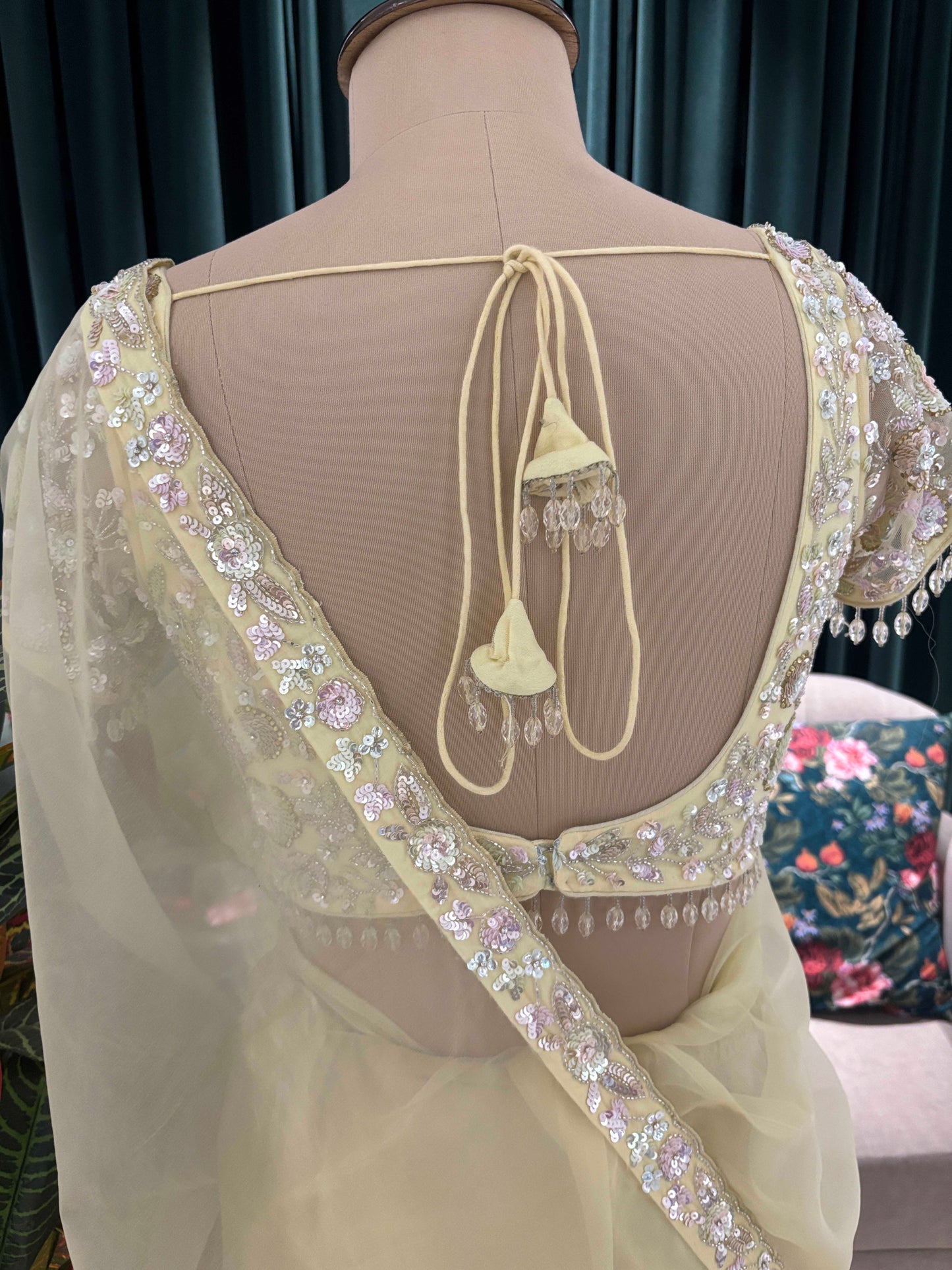 Pastel Lemon Embroidered Saree with Designer Blouse