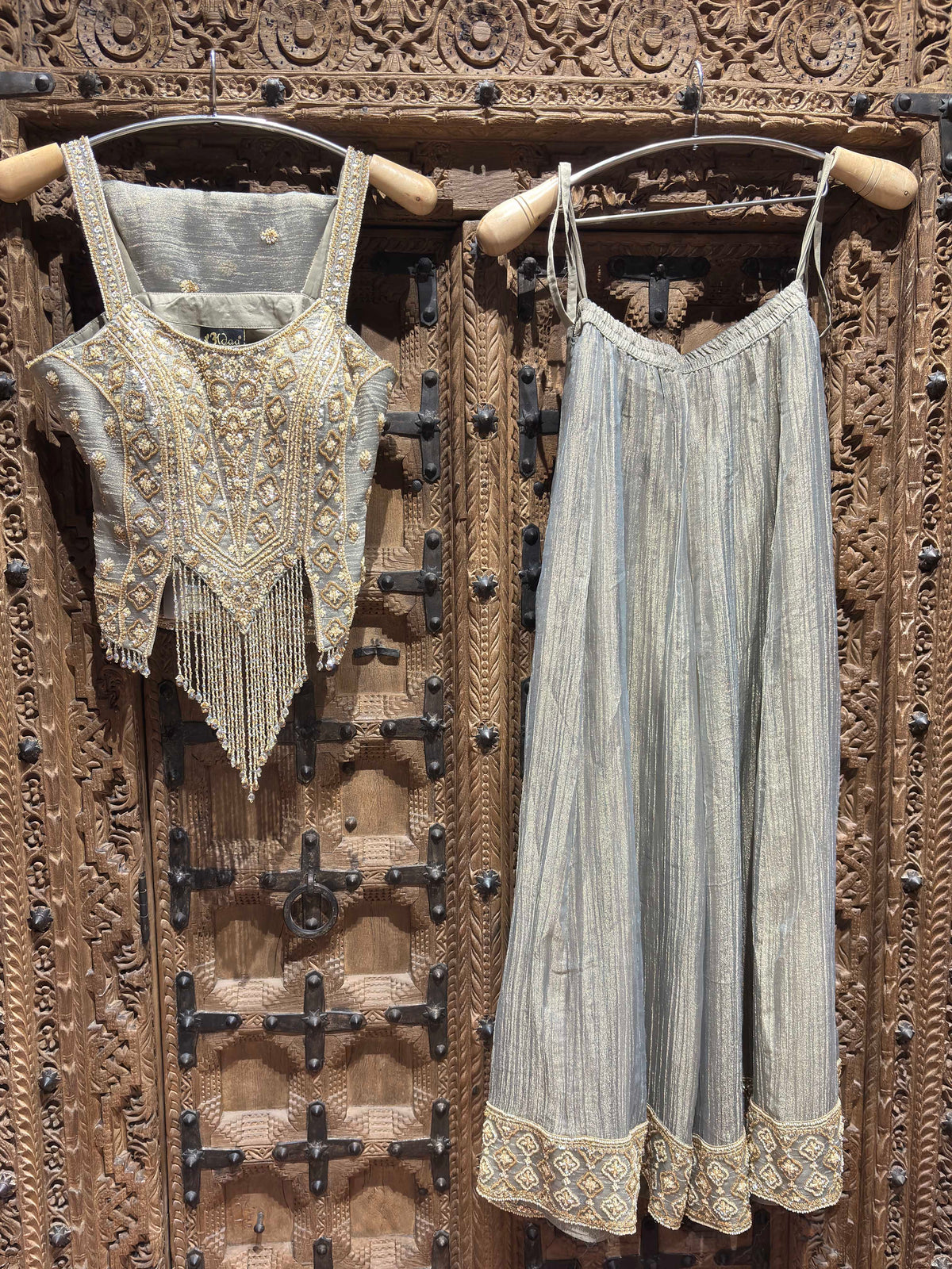 Silver Grey Gold Embroidered Designer Palazzo Set
