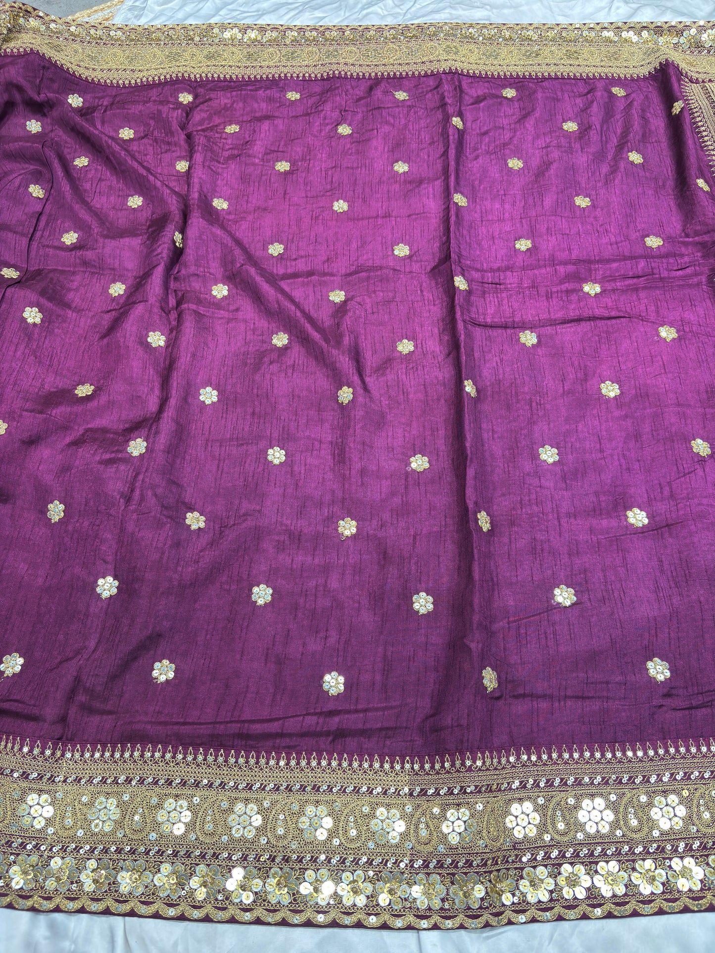 Silk Wine Heavy Sequins Work Designer Saree with Golden Embroidery
