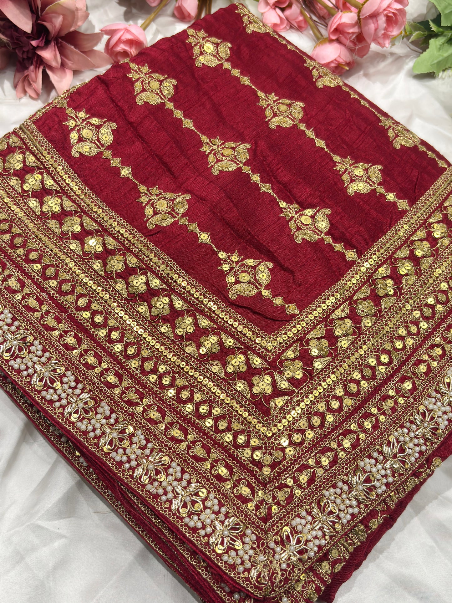 Silk Red Embroidered Designer Saree with Pearl & Sequin Border Work