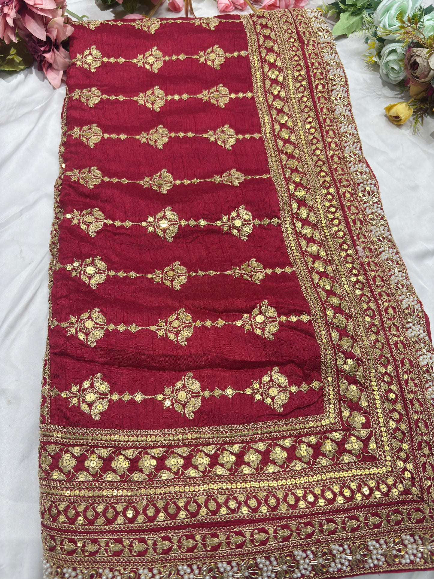 Silk Red Embroidered Designer Saree with Pearl & Sequin Border Work