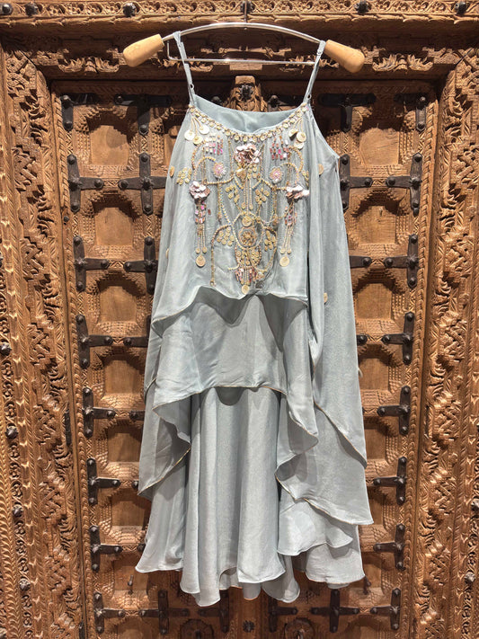 Silver Grey Embroidered Layered Ruffle Top & Palazzo Set