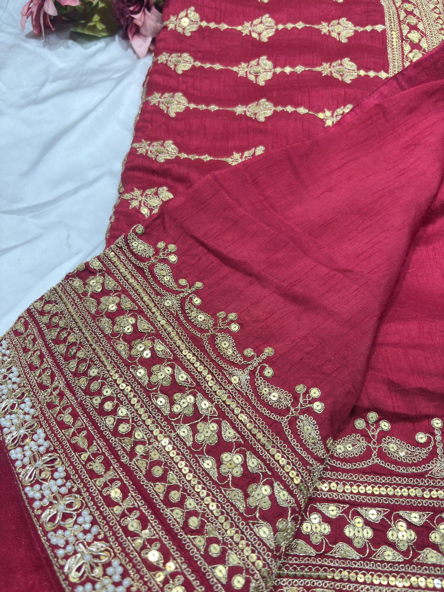 Silk Red Embroidered Designer Saree with Pearl & Sequin Border Work