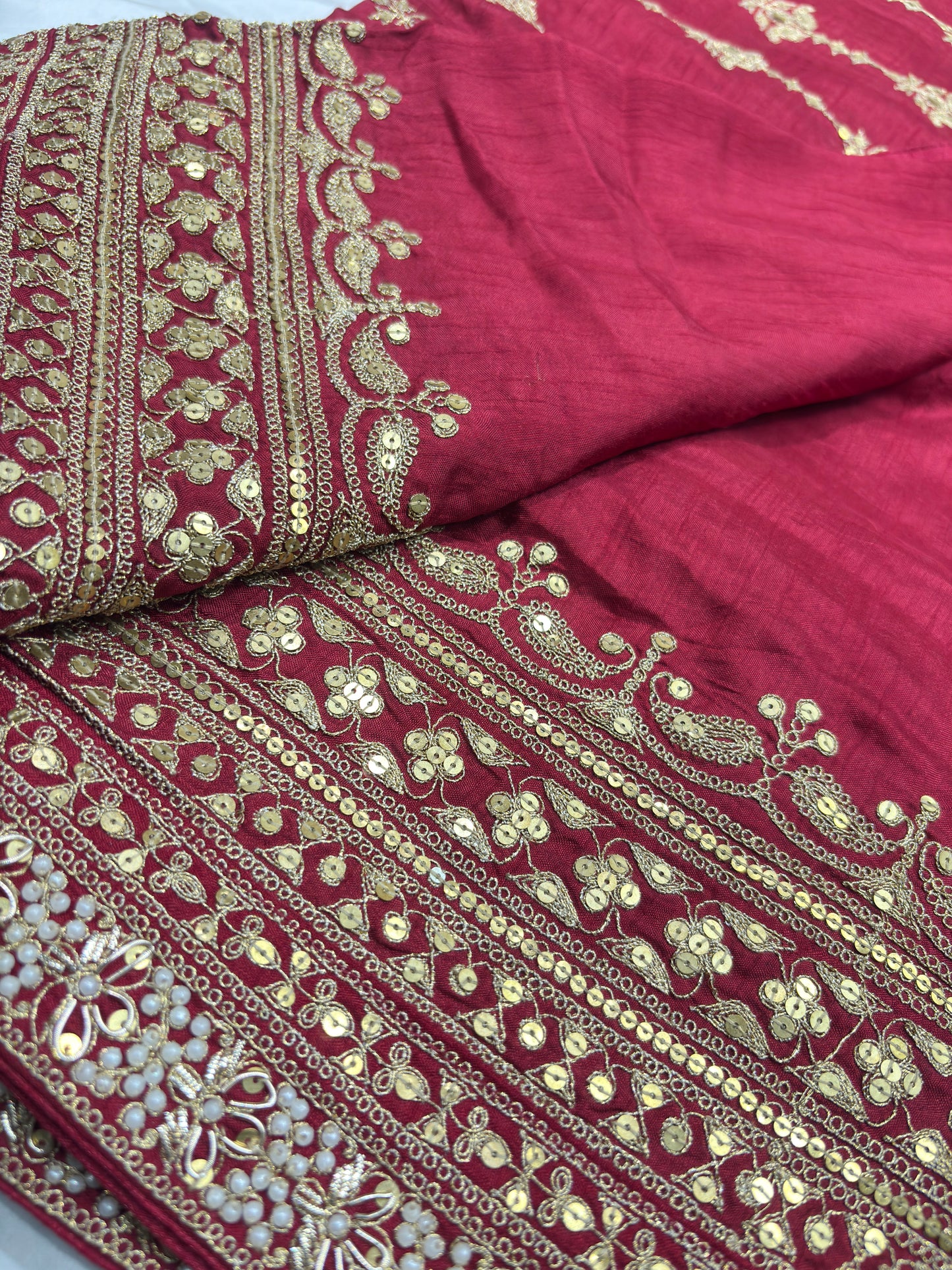 Silk Red Embroidered Designer Saree with Pearl & Sequin Border Work