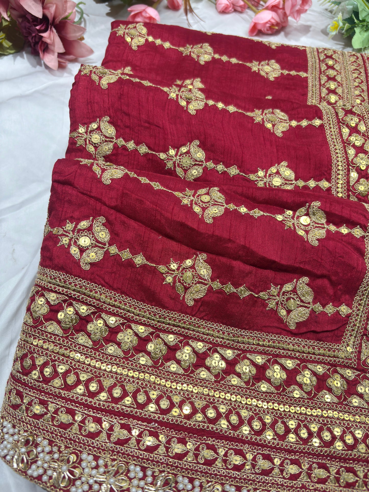 Silk Red Embroidered Designer Saree with Pearl & Sequin Border Work