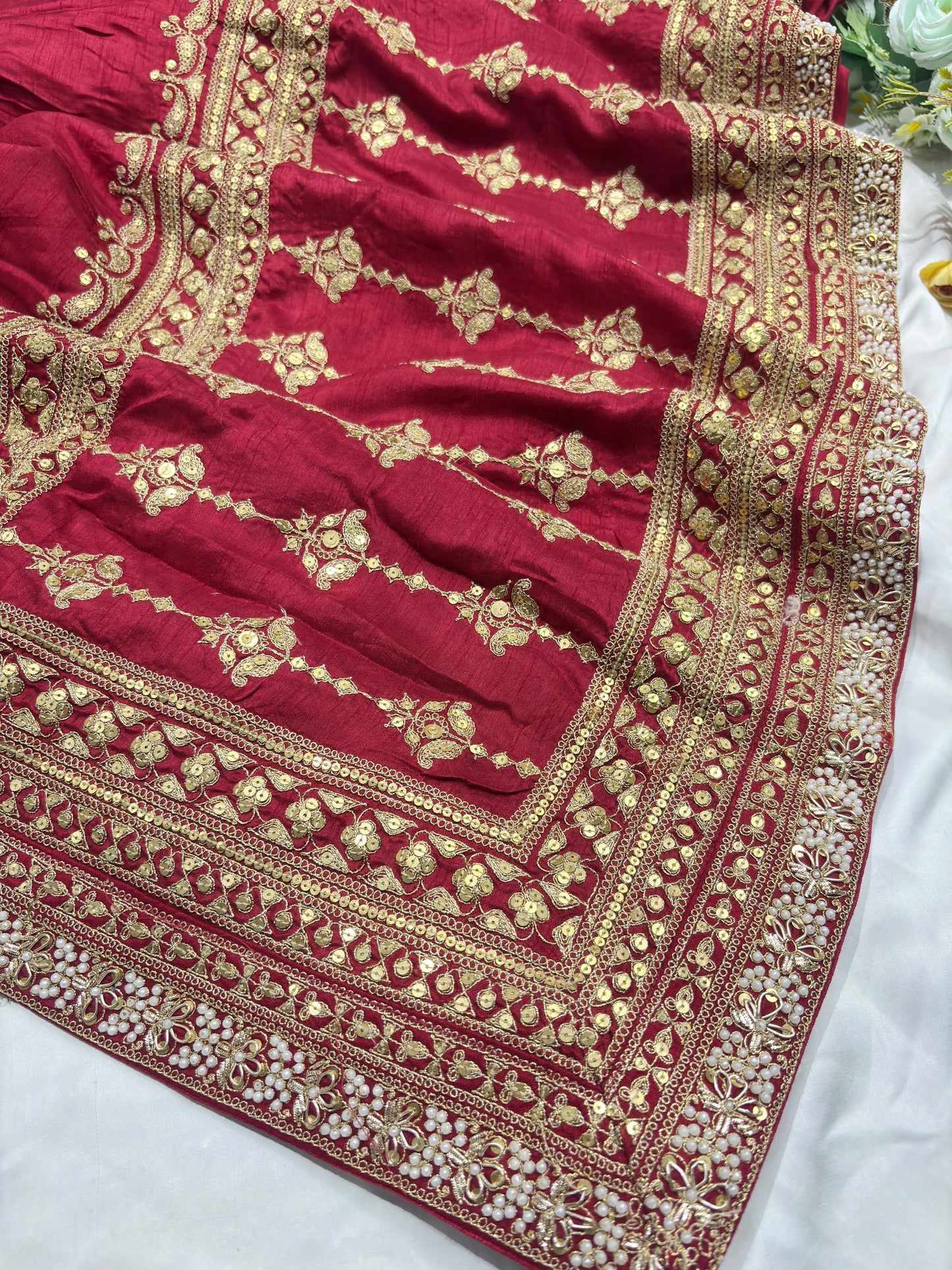 Silk Red Embroidered Designer Saree with Pearl & Sequin Border Work