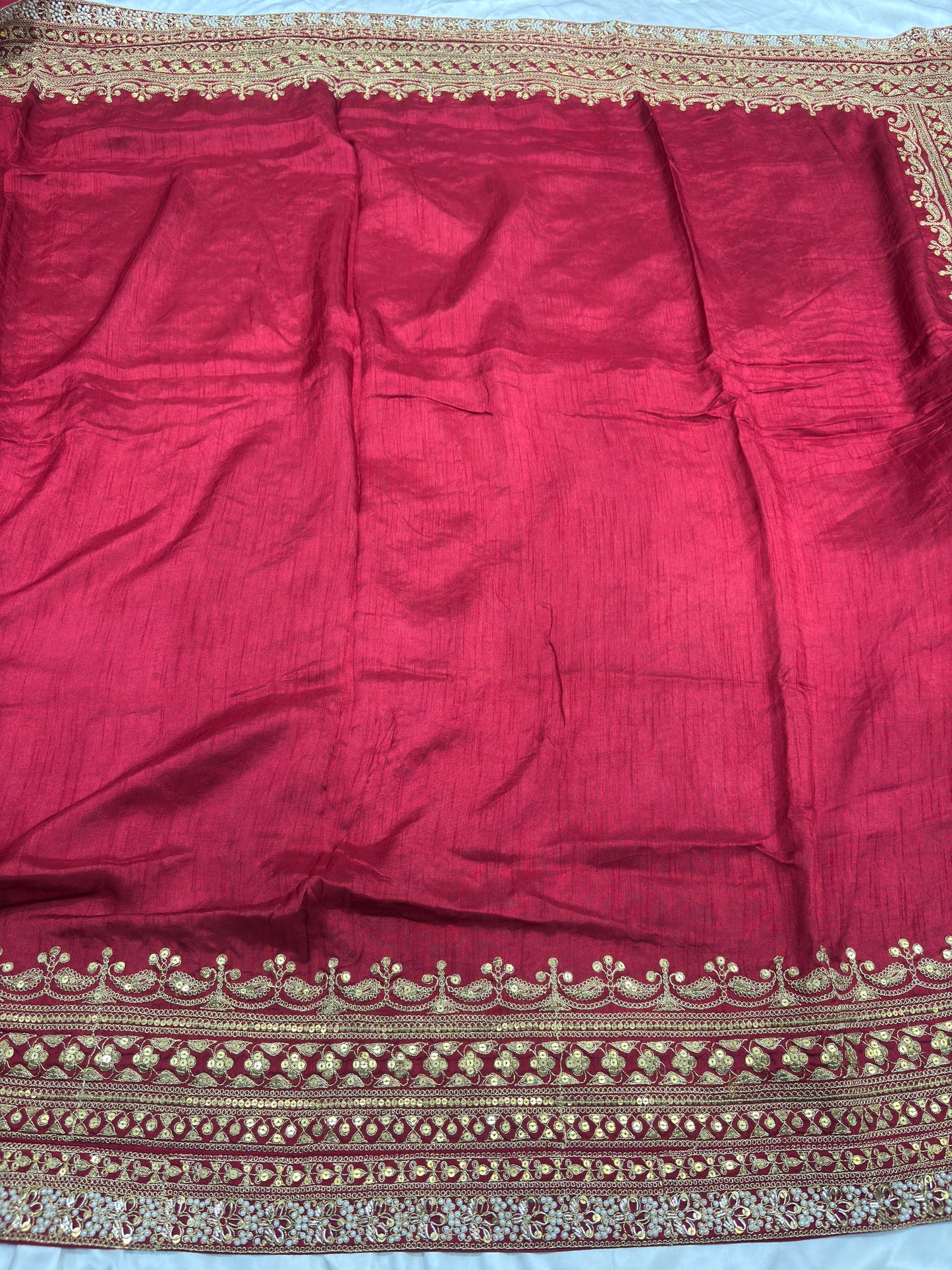 Silk Red Embroidered Designer Saree with Pearl & Sequin Border Work
