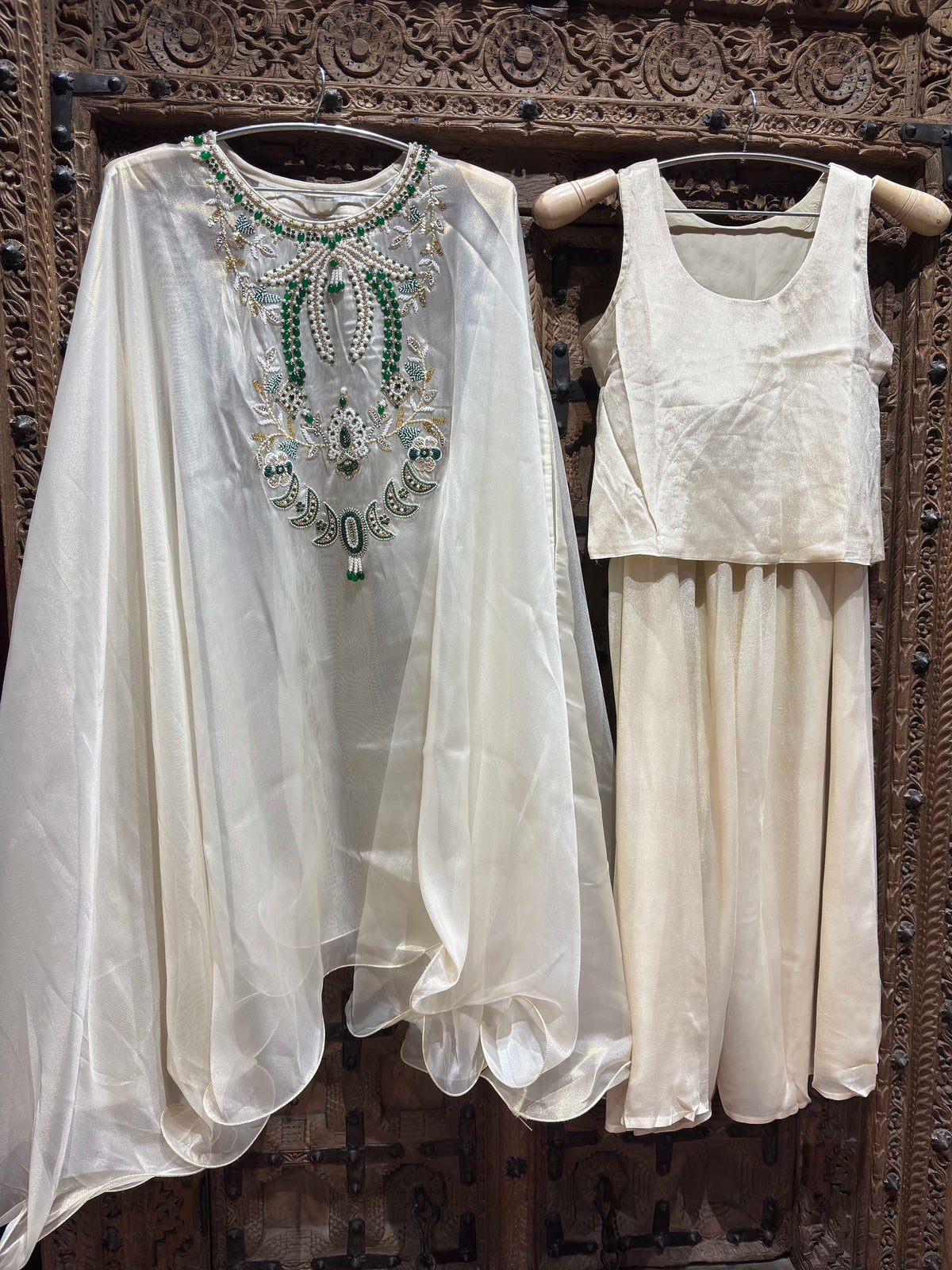 Ivory White Embroidered Cape Top & Palazzo Three-Piece Set