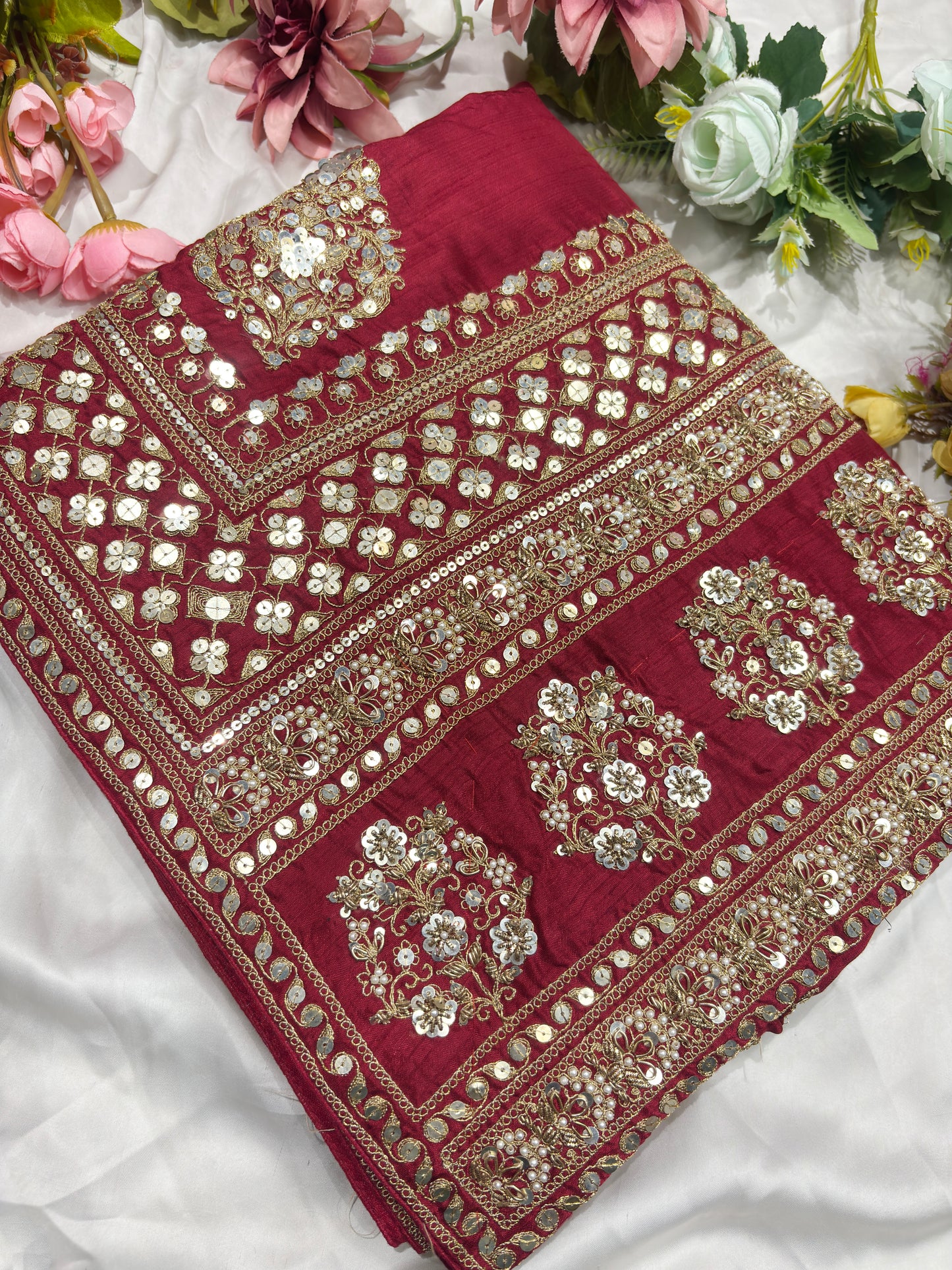 Silk Maroon Sequins Work Designer Saree with Heavy Embroidered Border