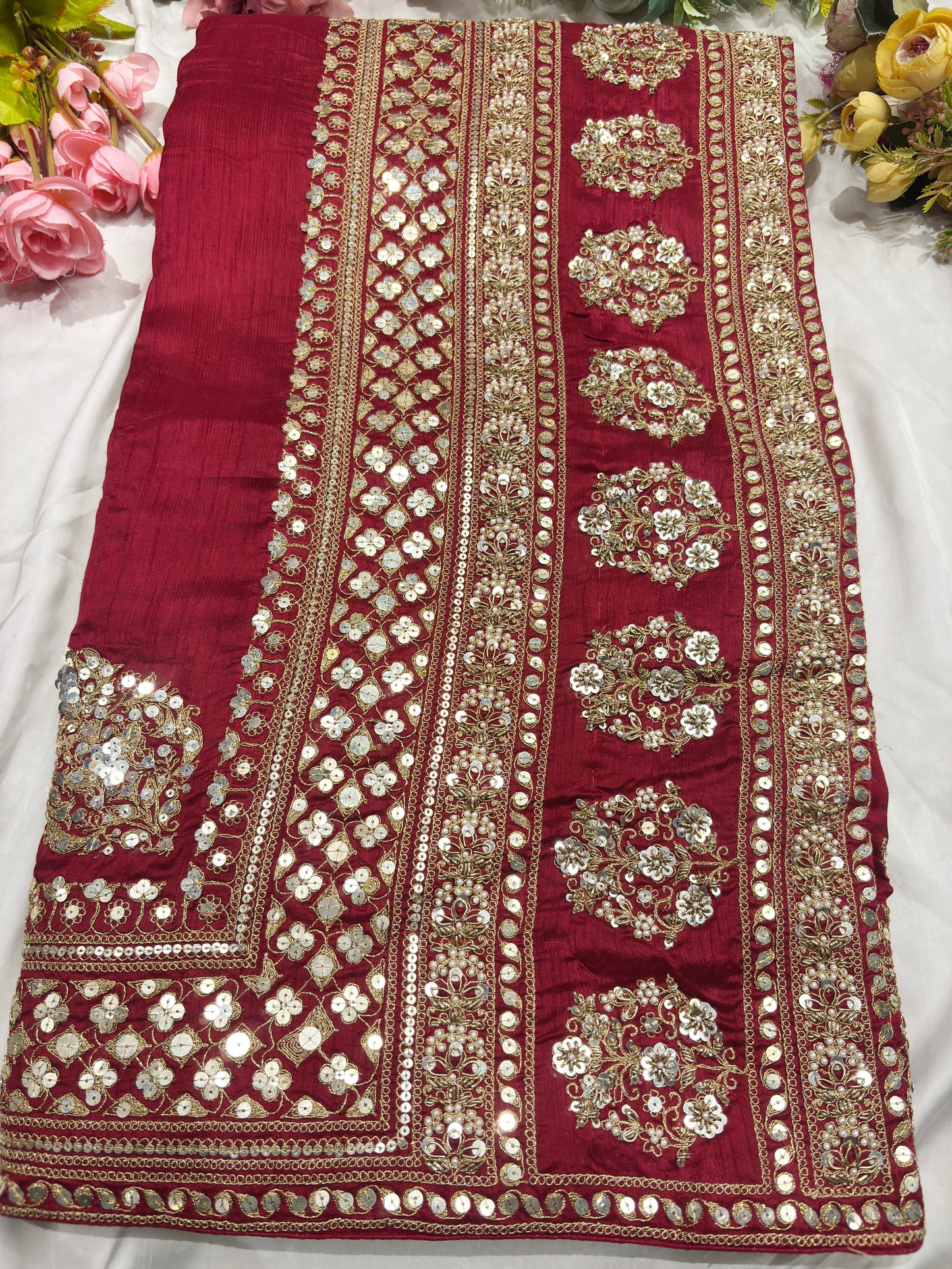 Silk Maroon Sequins Work Designer Saree with Heavy Embroidered Border