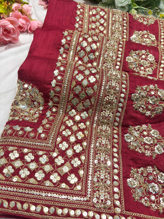 Silk Maroon Sequins Work Designer Saree with Heavy Embroidered Border