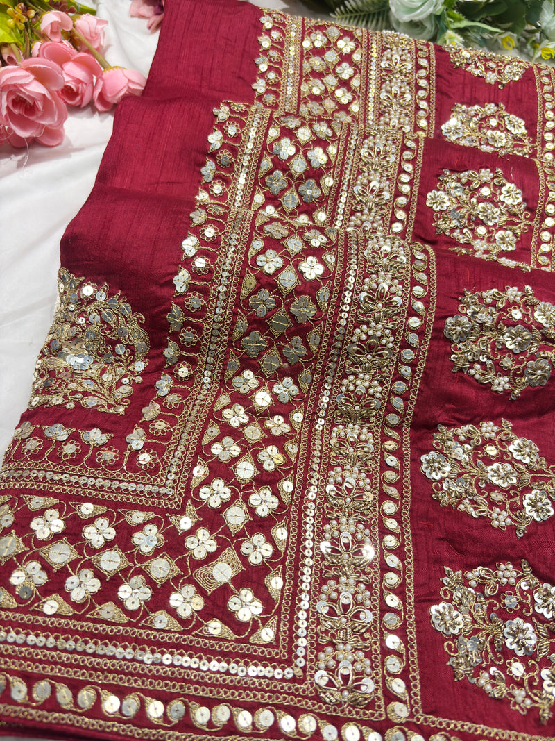 Silk Maroon Sequins Work Designer Saree with Heavy Embroidered Border